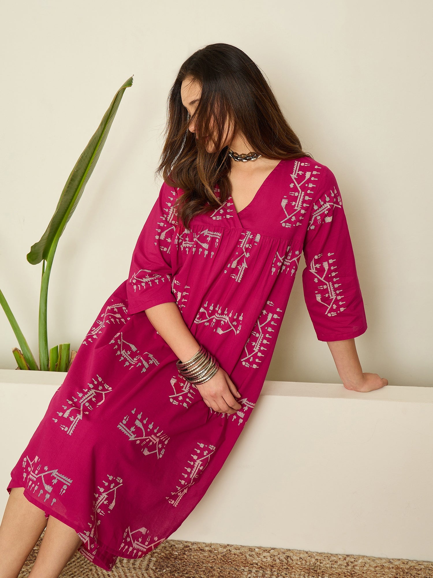 Magenta Khadi Print Flared Kurta Set
