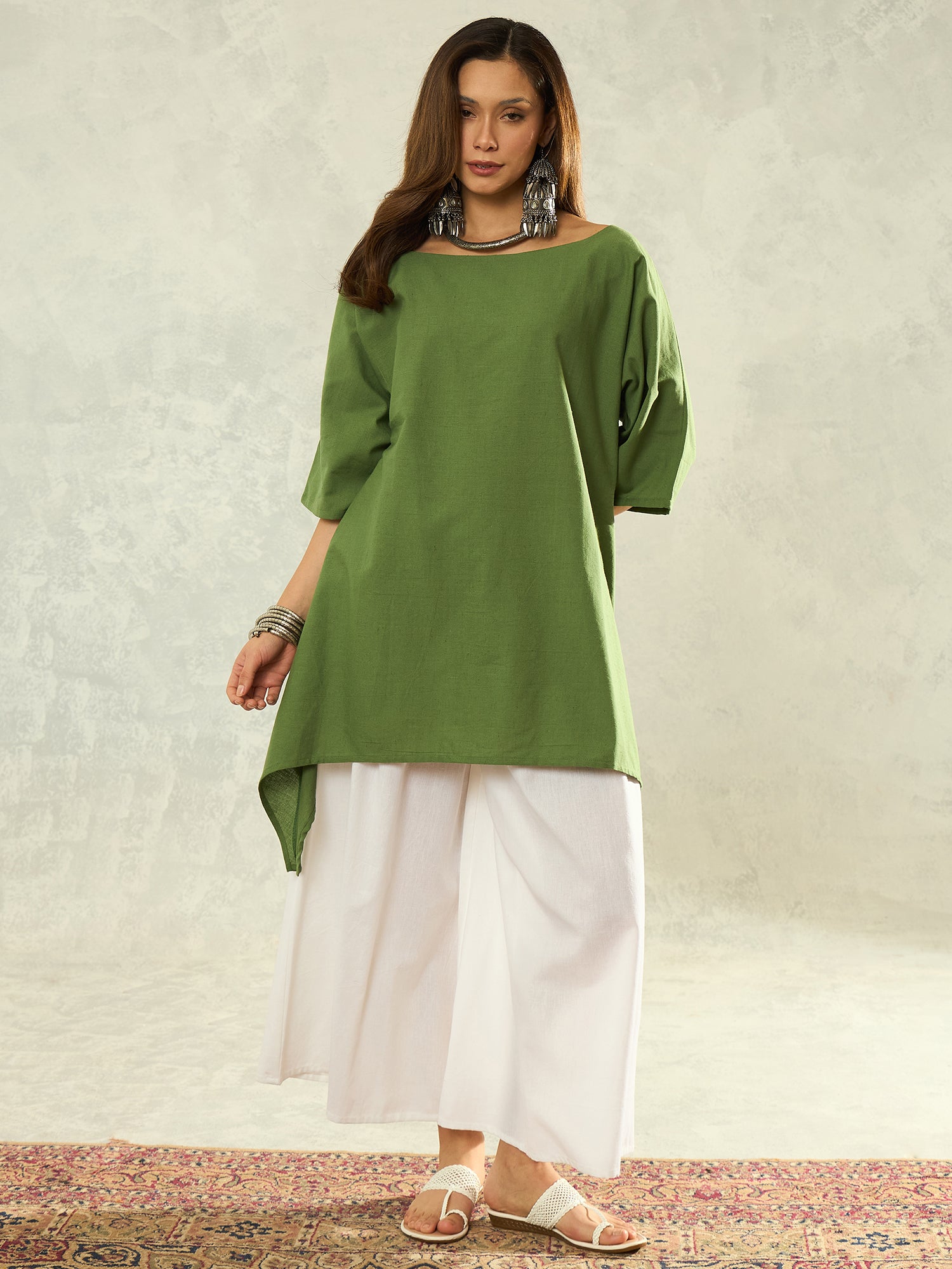 Green Boat Neck White Palazzo Set