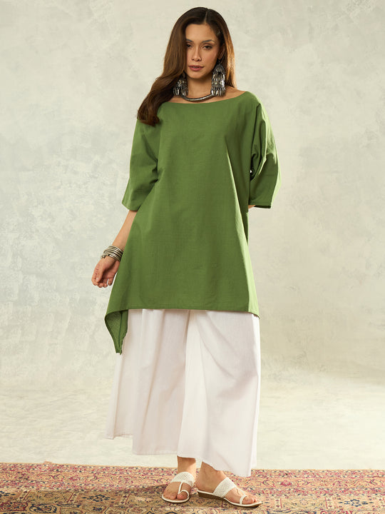 Green Boat Neck White Palazzo Set