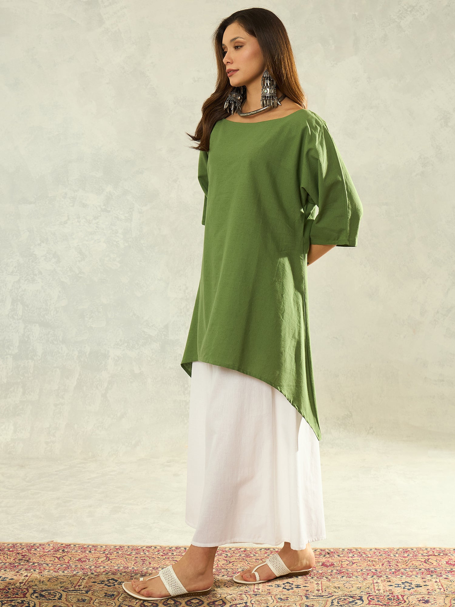 Green Boat Neck White Palazzo Set