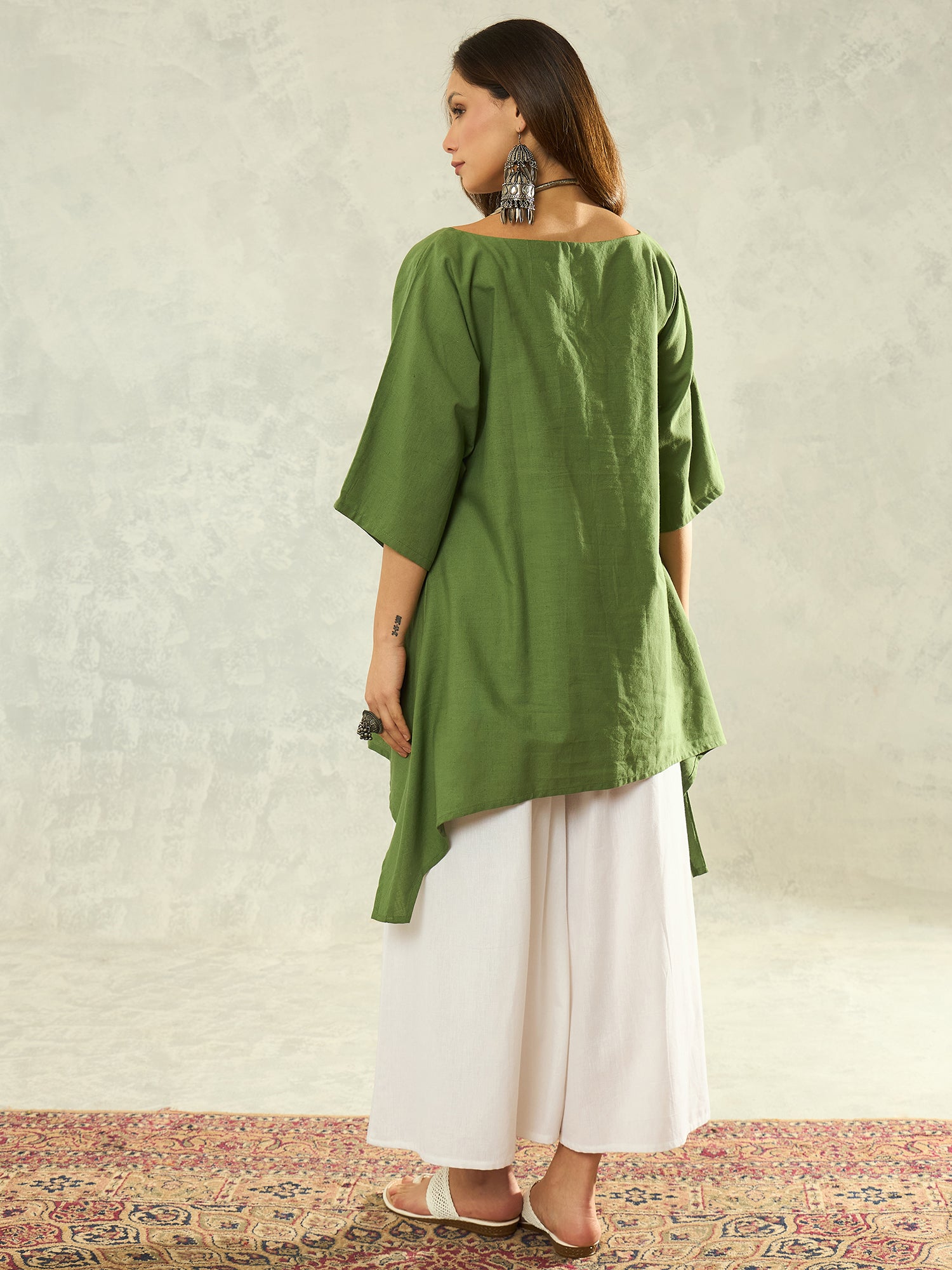 Green Boat Neck White Palazzo Set