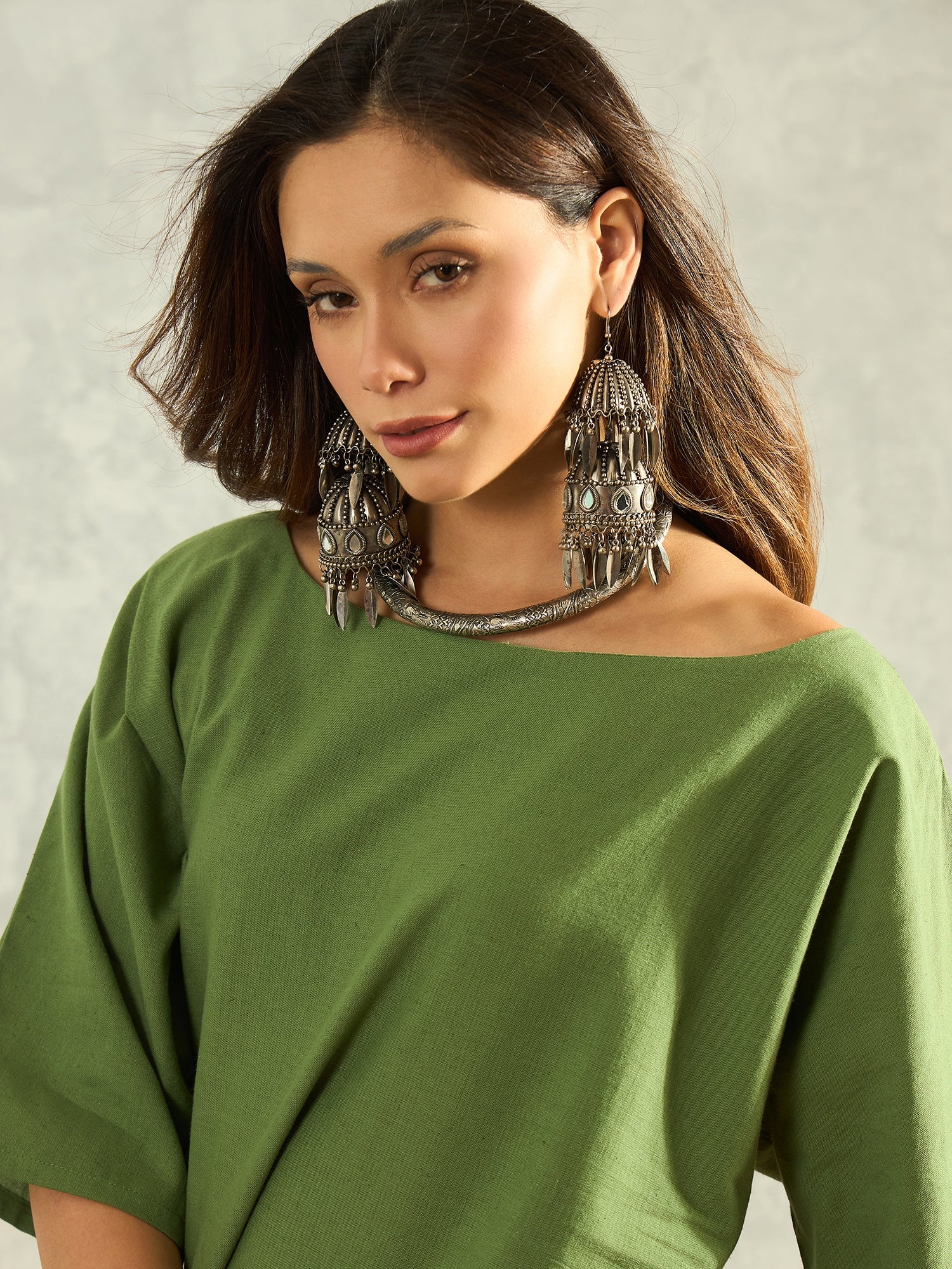 Green Boat Neck White Palazzo Set