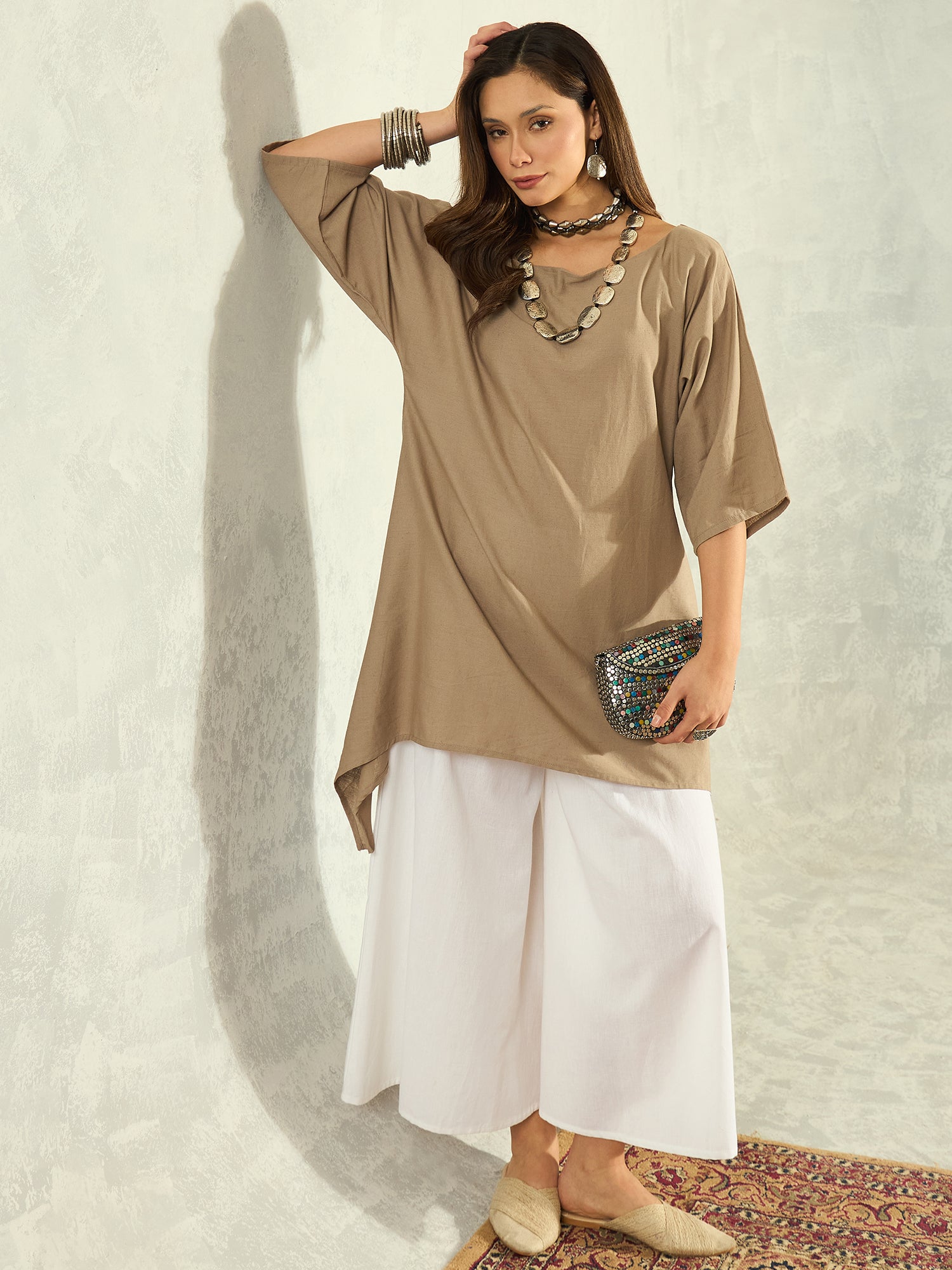 Light Grey Boat Neck White Palazzo Set