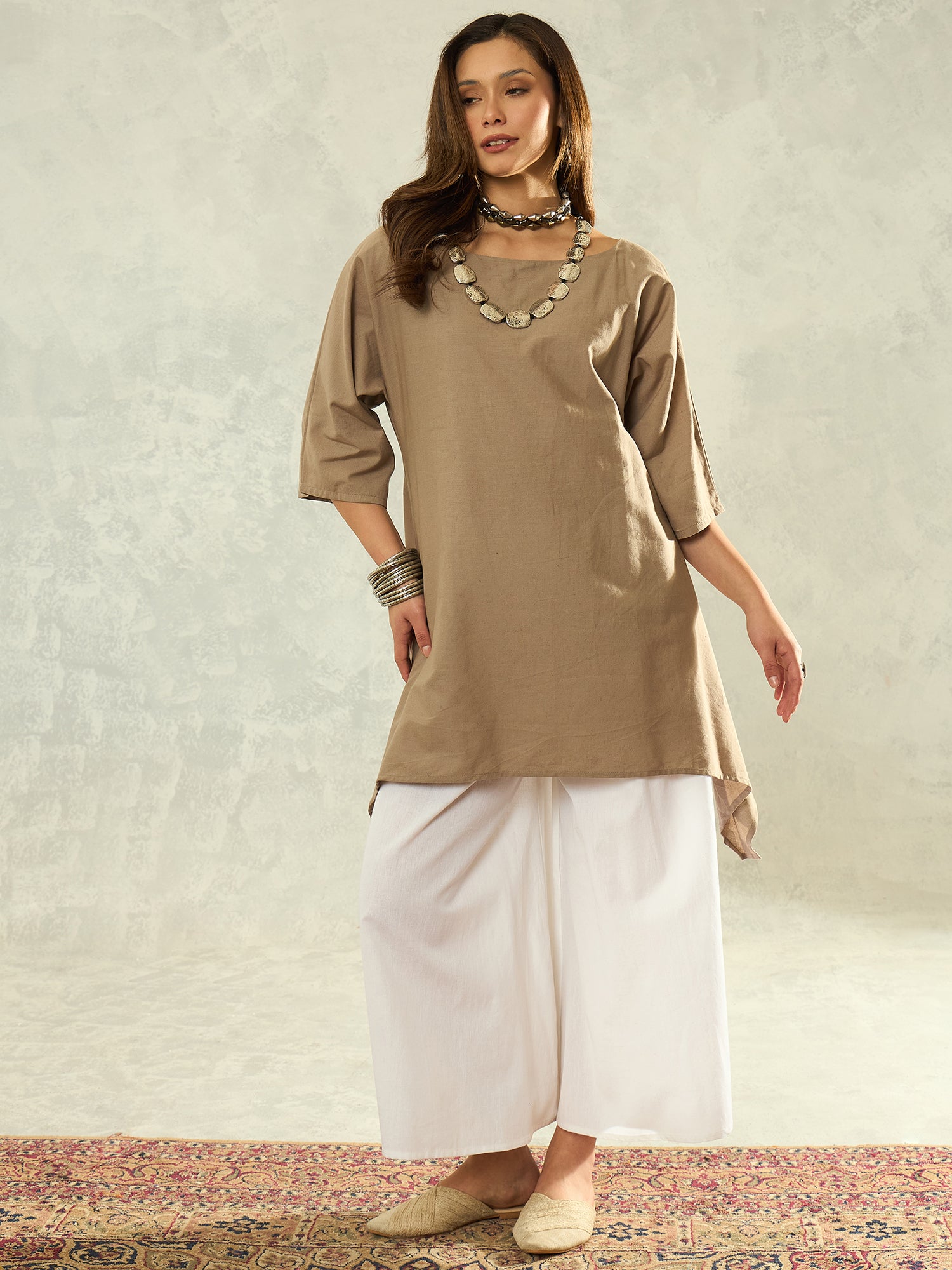 Light Grey Boat Neck White Palazzo Set