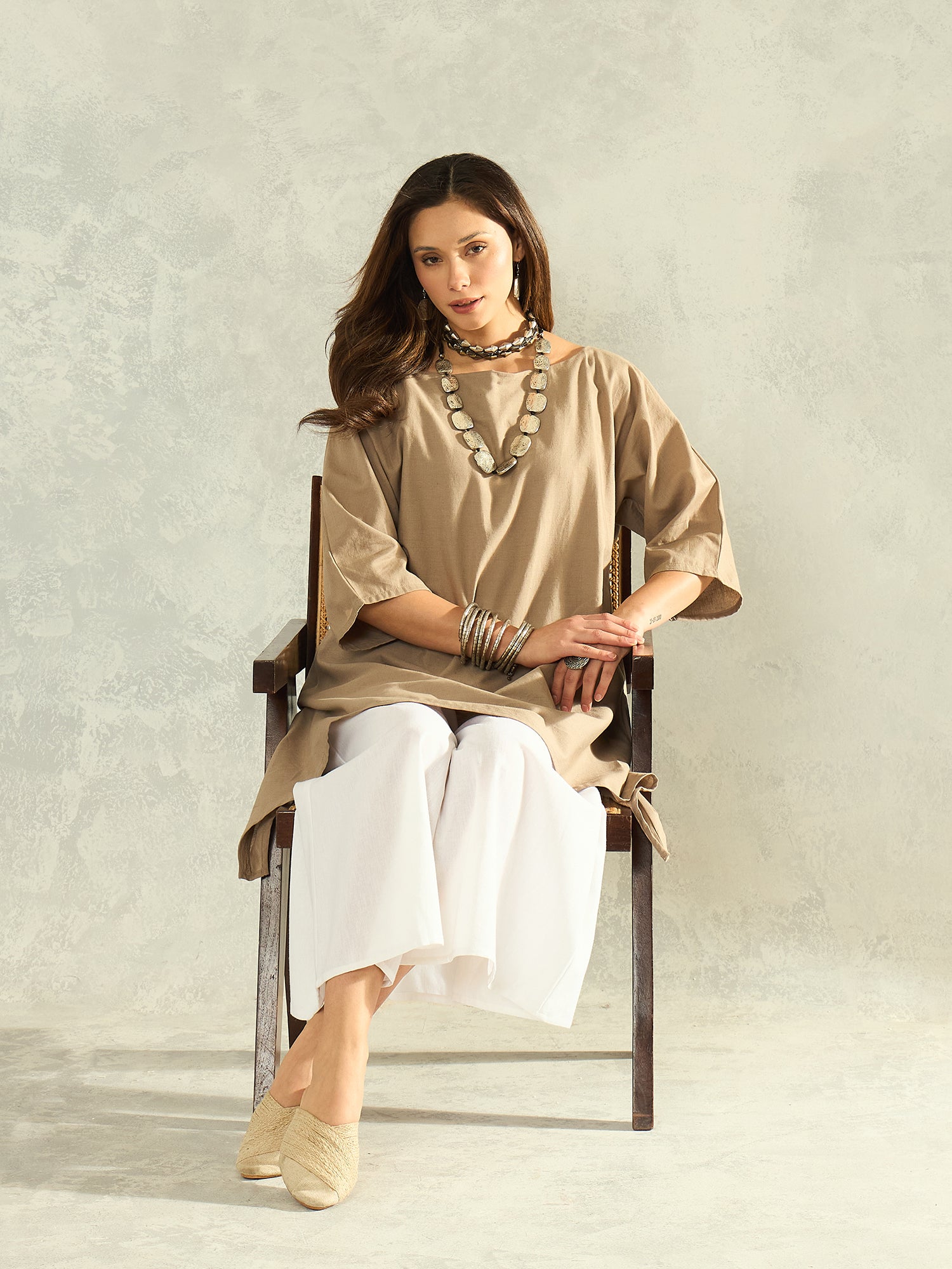 Light Grey Boat Neck White Palazzo Set