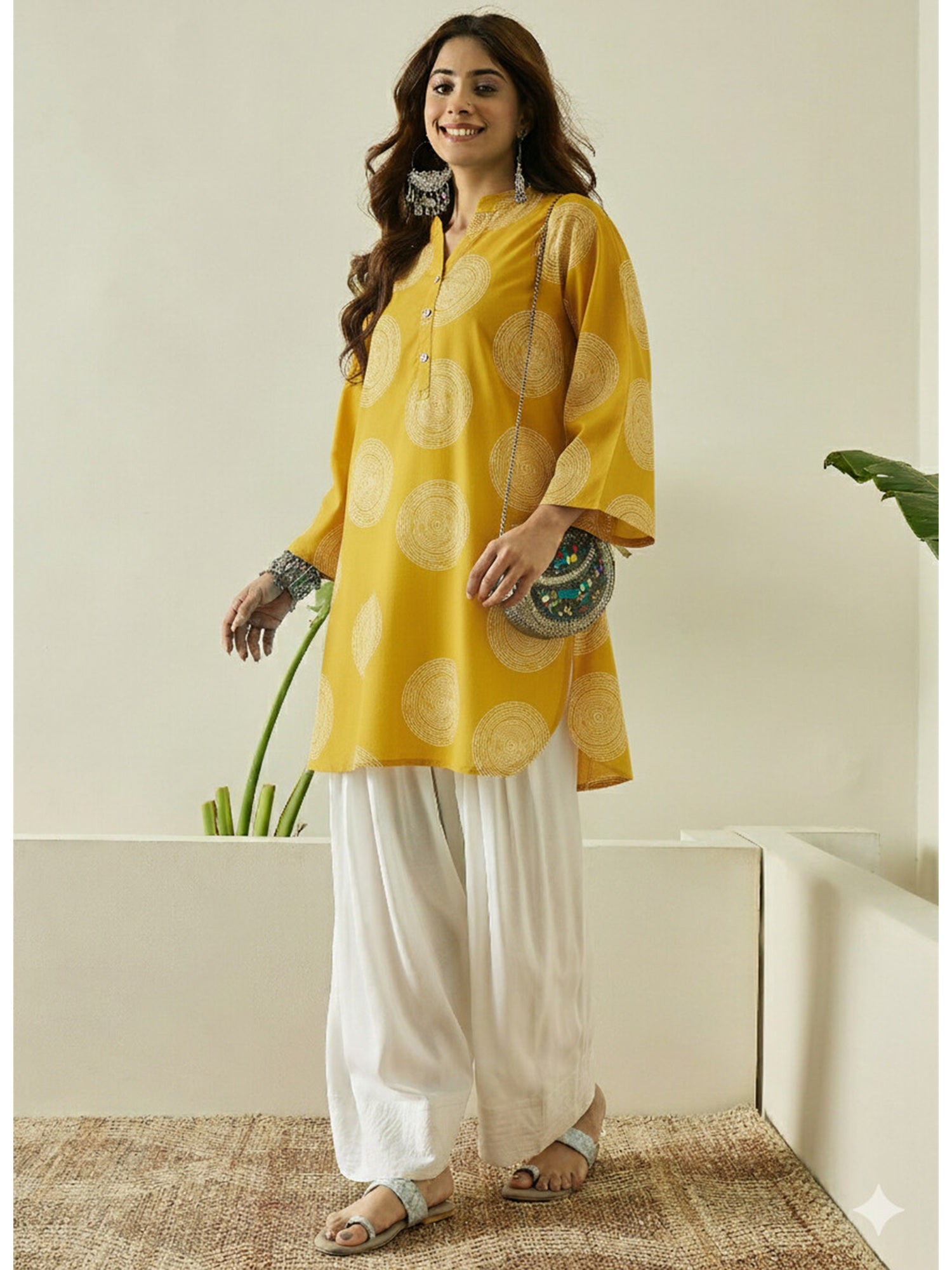 Mustard Circle Print Farshi Salwar Set