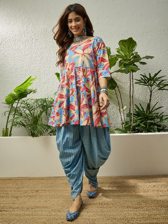 Light Blue Floral Kurta Tulip Pant Set