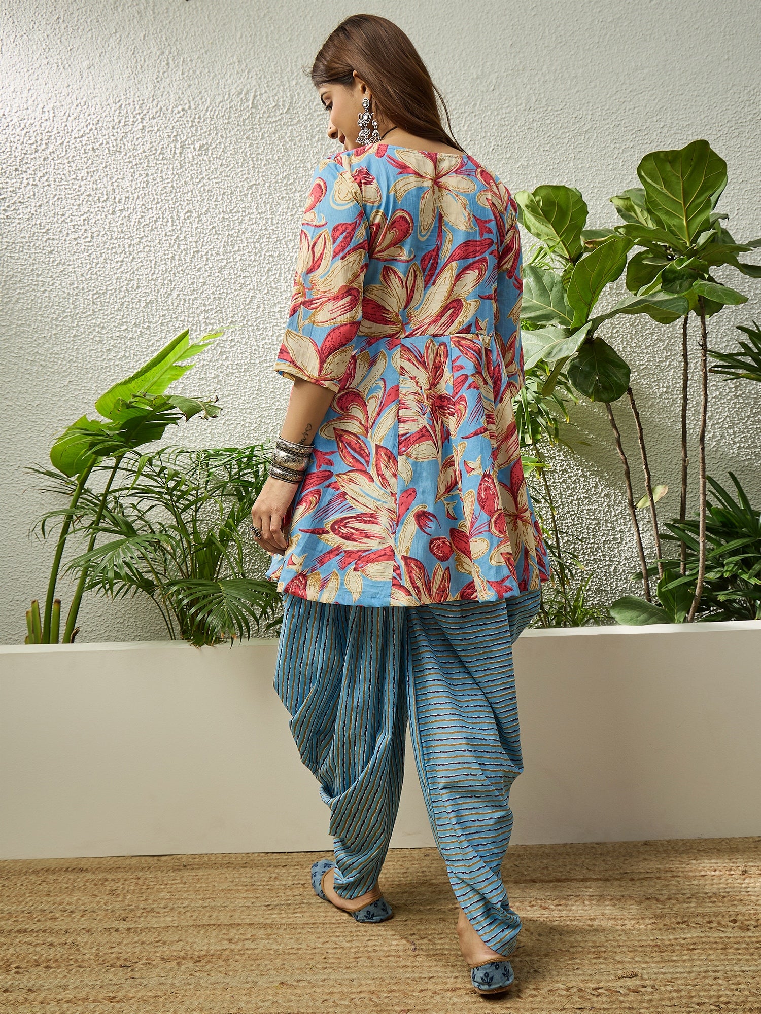 Light Blue Floral Kurta Tulip Pant Set