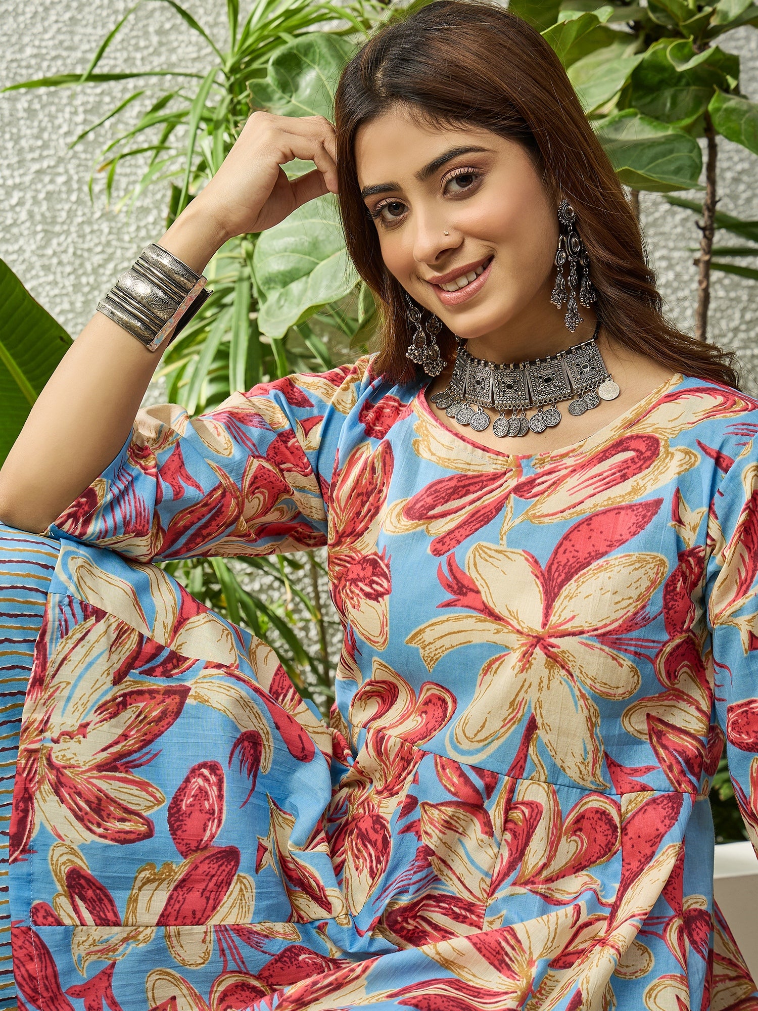 Light Blue Floral Kurta Tulip Pant Set