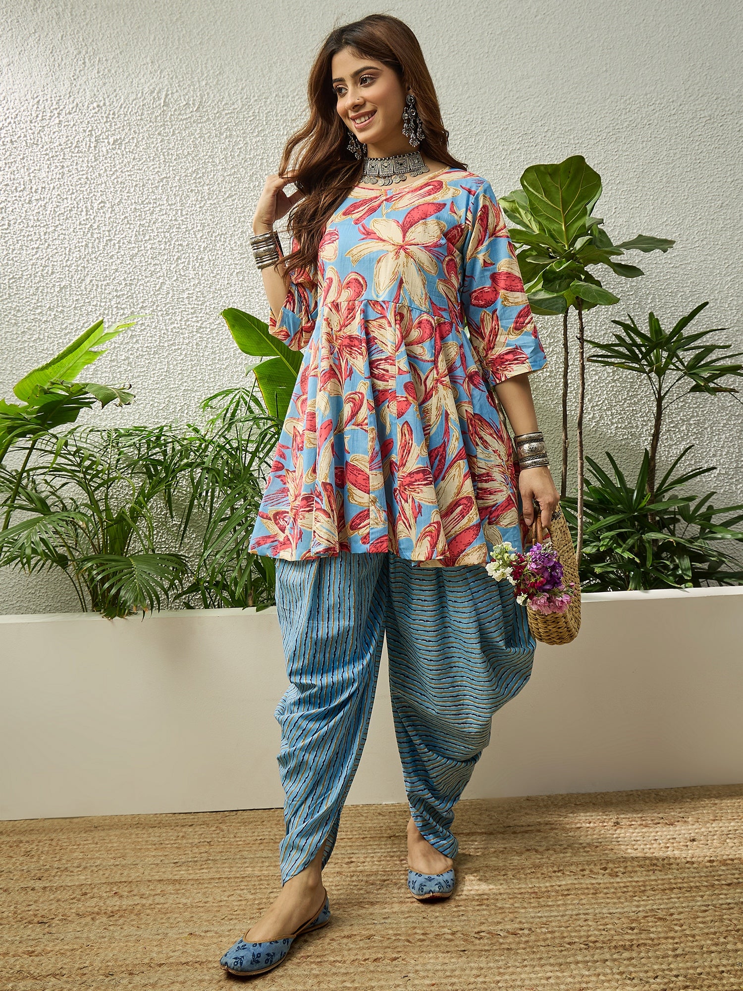 Light Blue Floral Kurta Tulip Pant Set