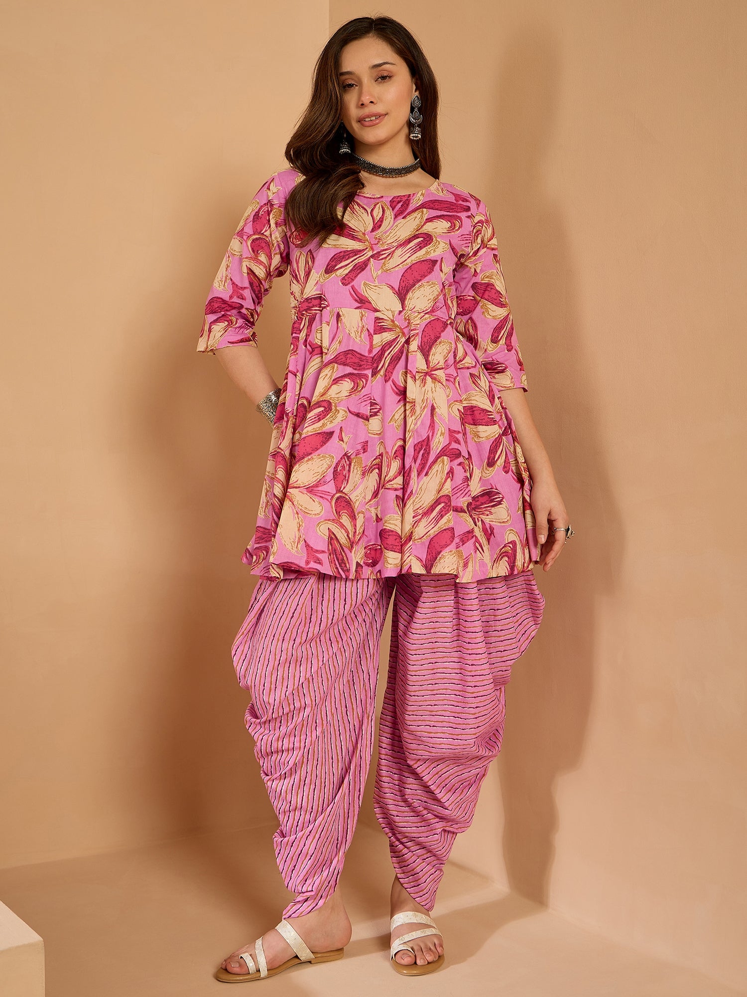 Light Pink Floral Kurta Tulip Pant Set