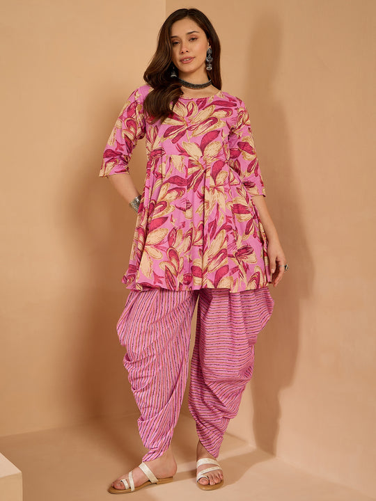 Light Pink Floral Kurta Tulip Pant Set
