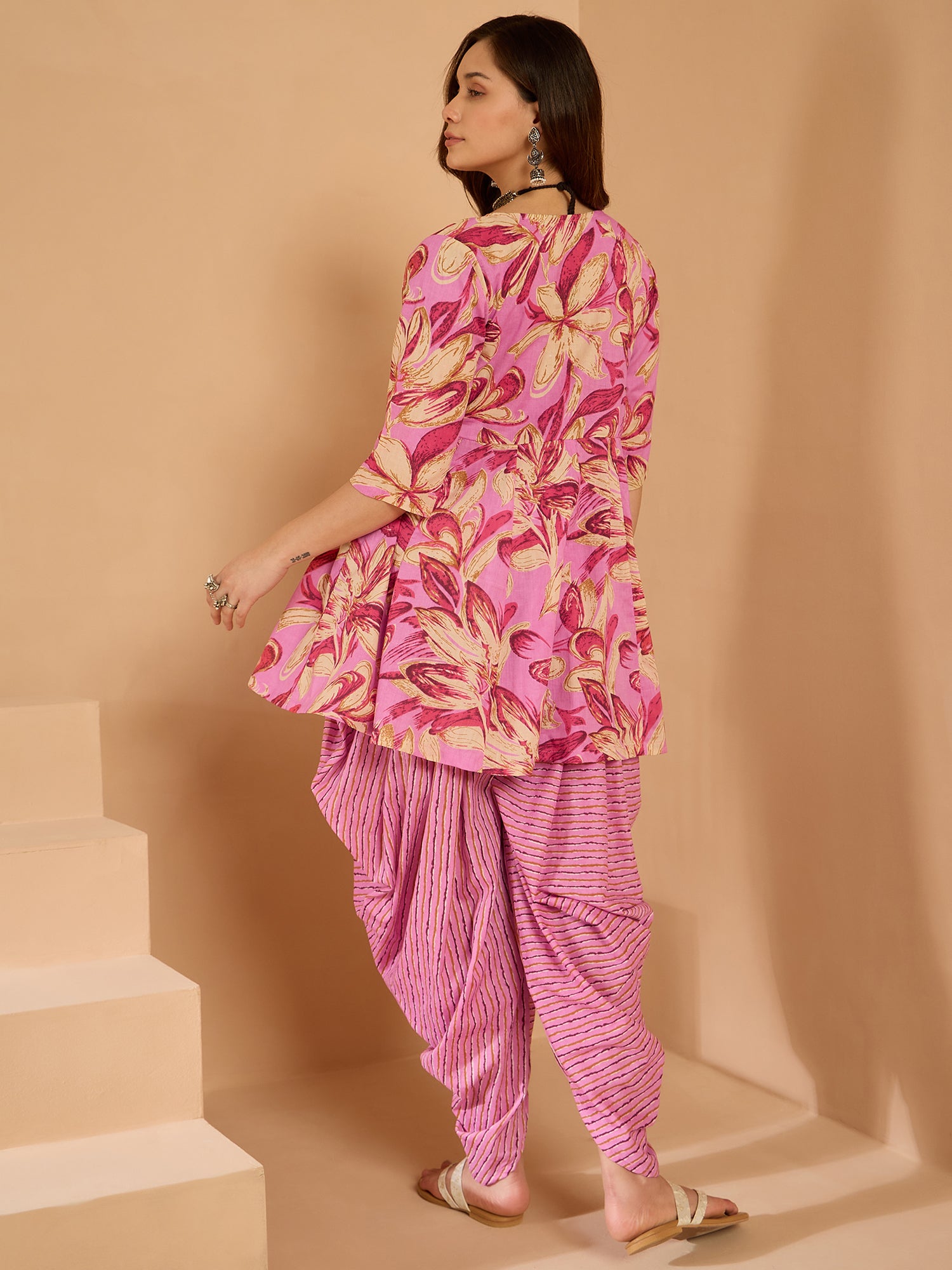 Light Pink Floral Kurta Tulip Pant Set