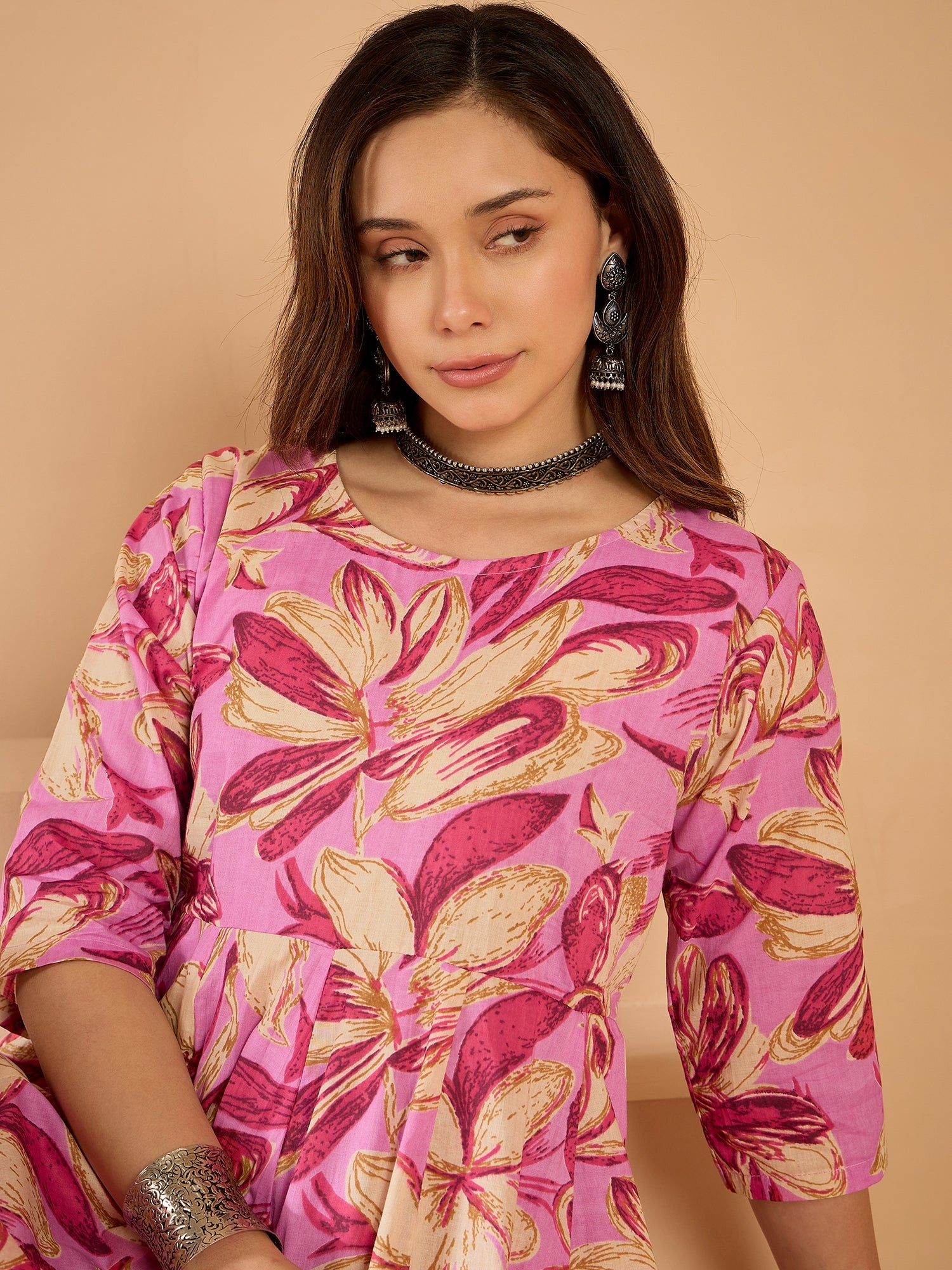 Light Pink Floral Kurta Tulip Pant Set