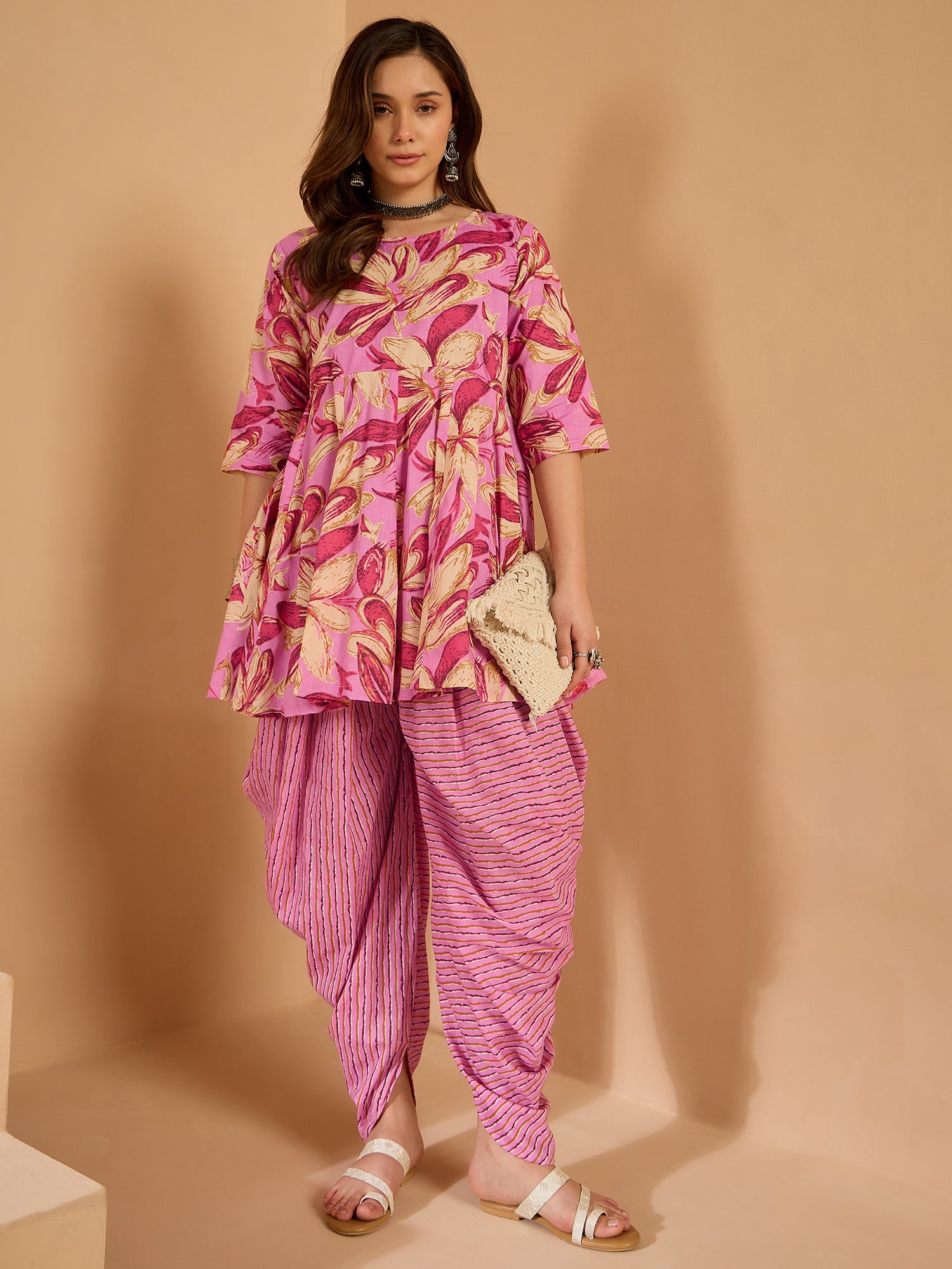 Light Pink Floral Kurta Tulip Pant Set