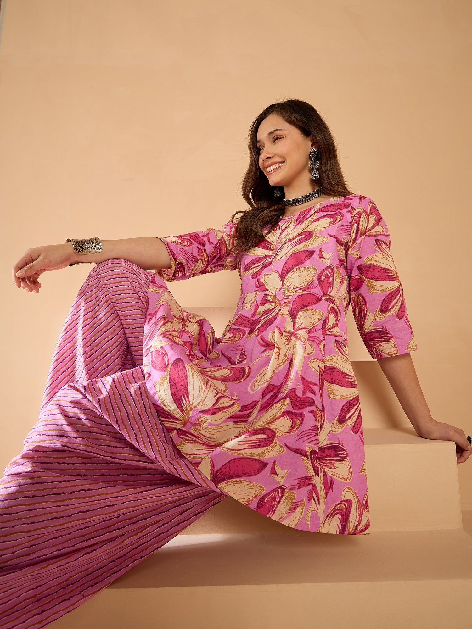 Light Pink Floral Kurta Tulip Pant Set