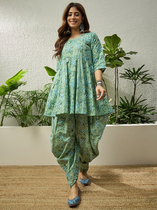 Light Green Floral Kurta Tulip Pant Set