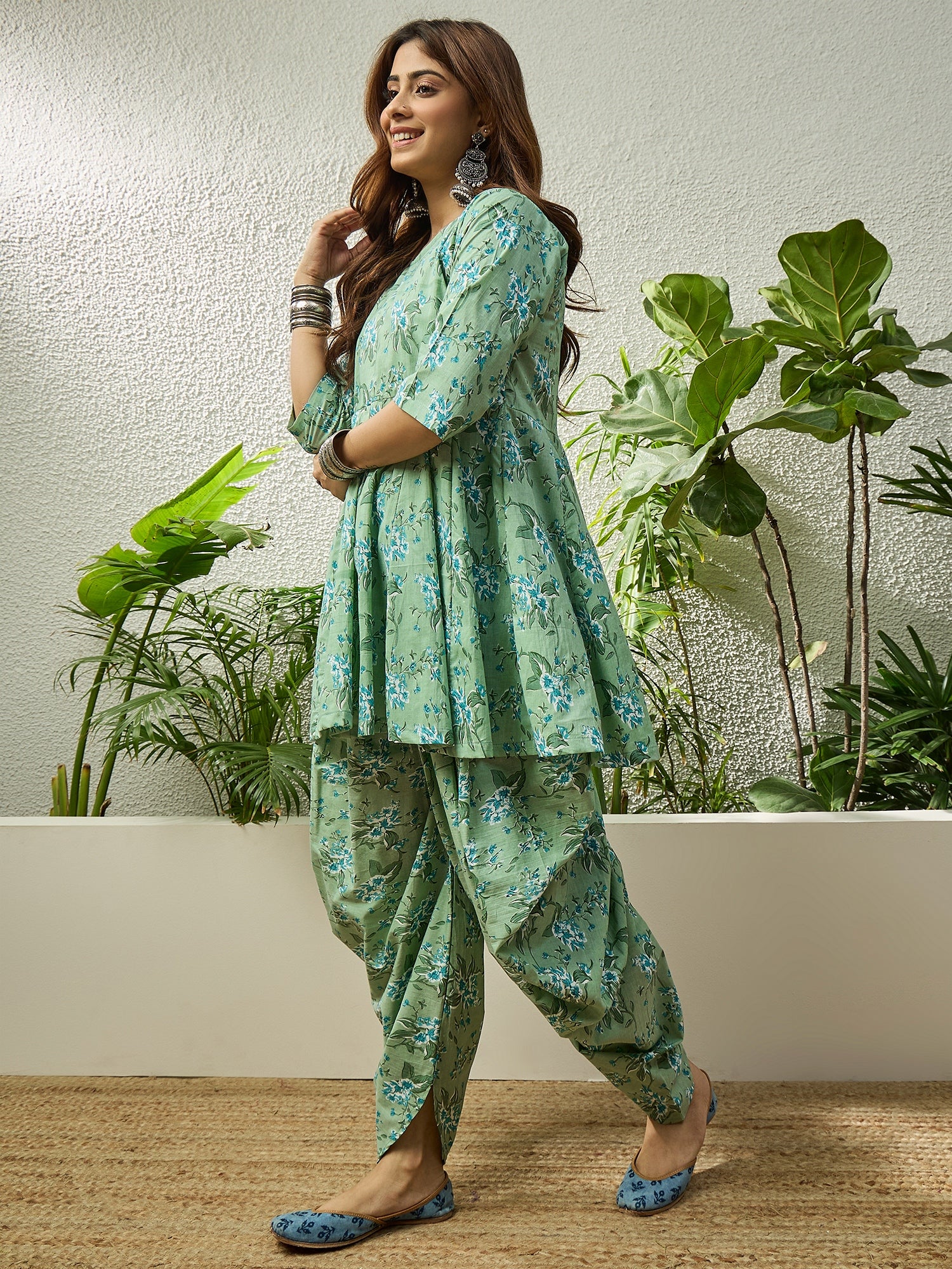 Light Green Floral Kurta Tulip Pant Set