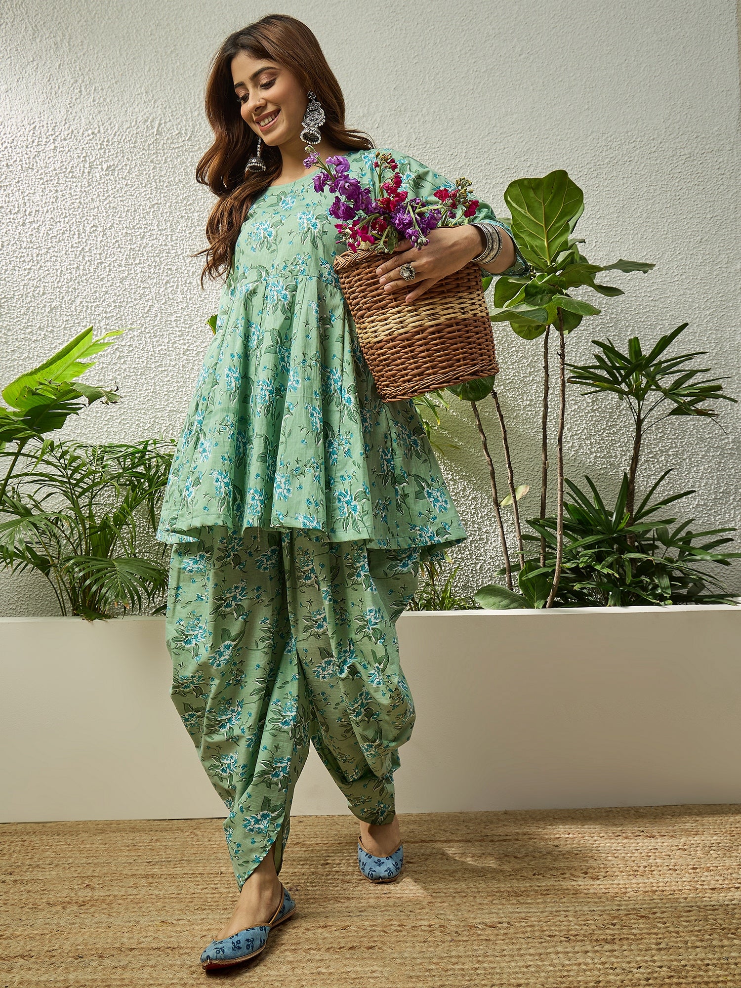 Light Green Floral Kurta Tulip Pant Set