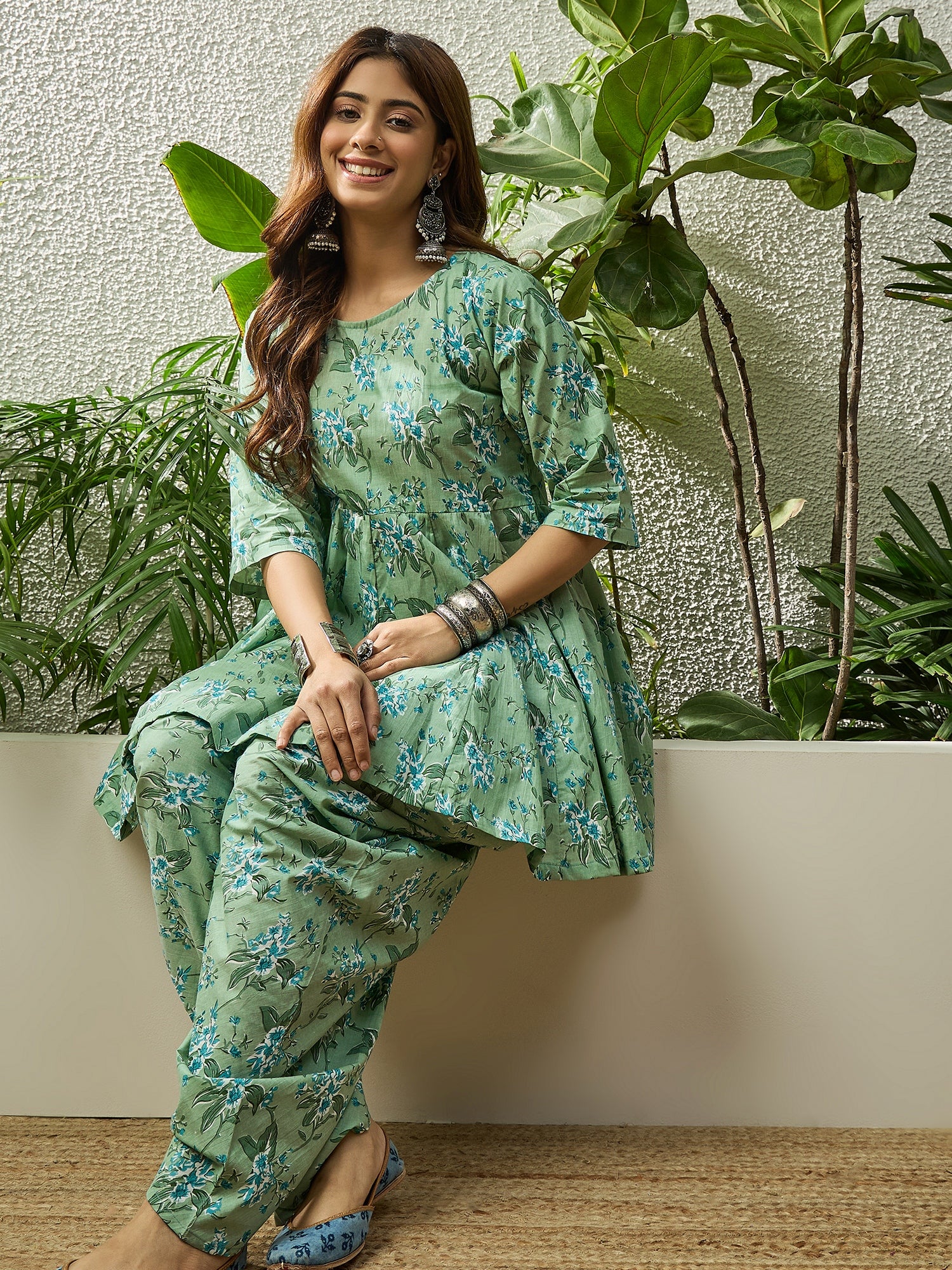 Light Green Floral Kurta Tulip Pant Set
