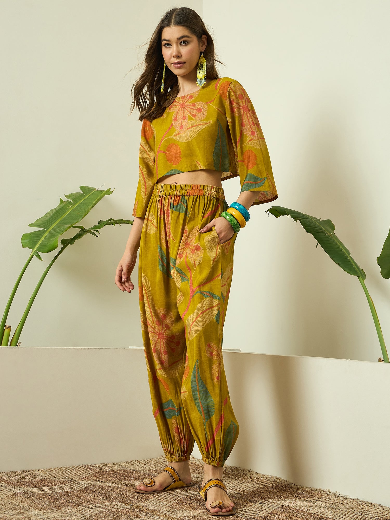 Lemon Yellow Leaf Top Balloon Pant Set