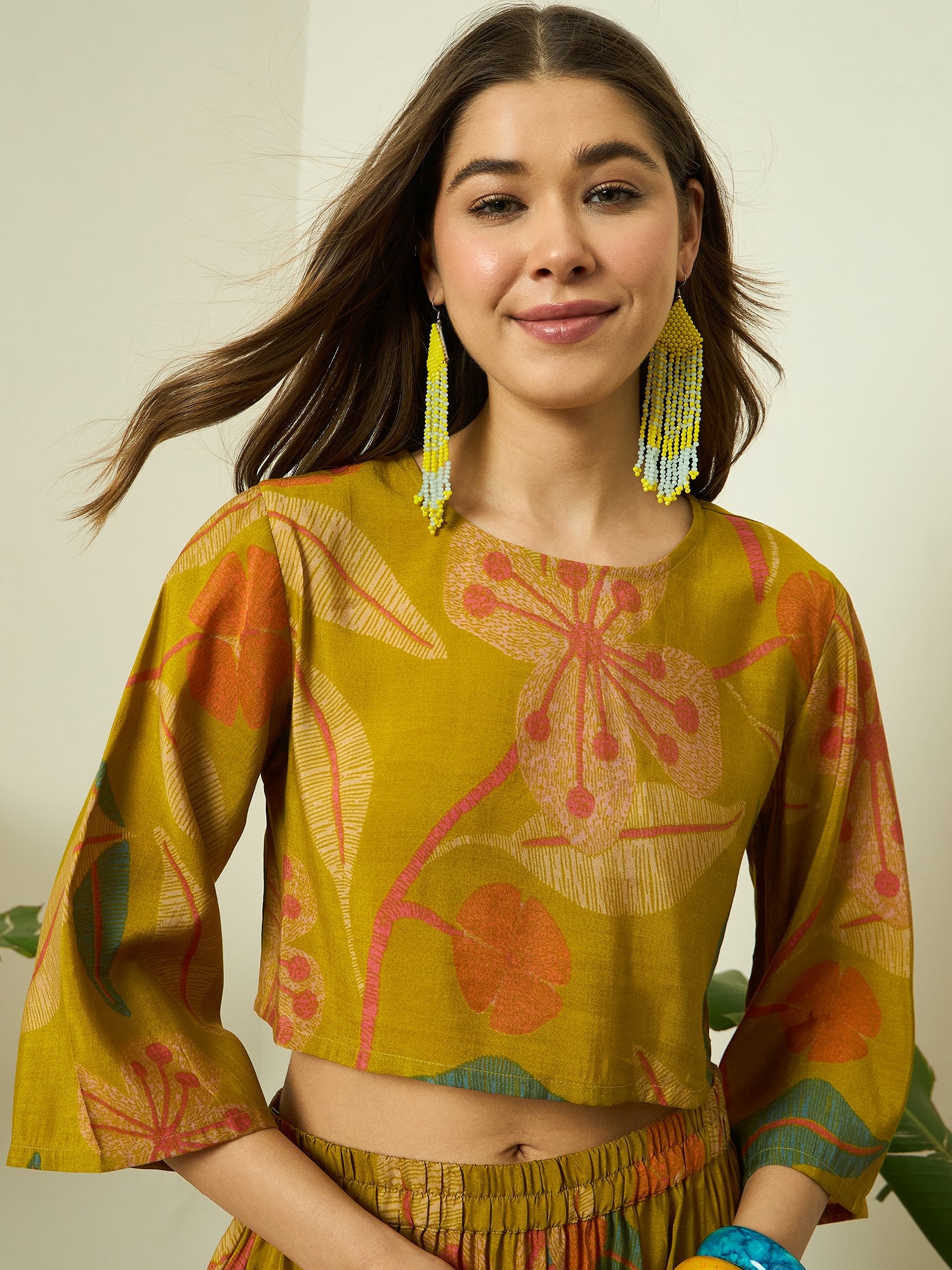 Lemon Yellow Leaf Top Balloon Pant Set