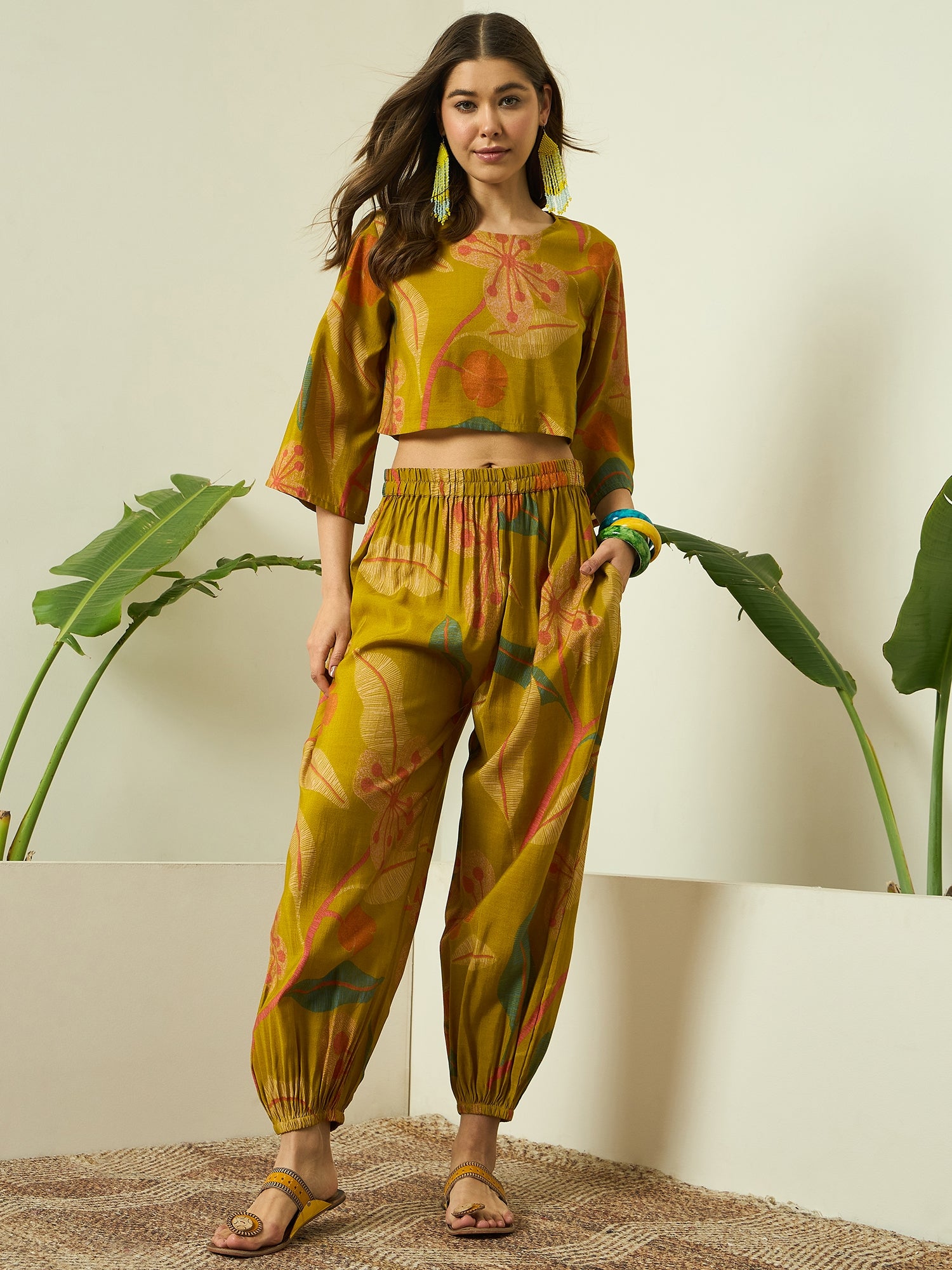 Lemon Yellow Leaf Top Balloon Pant Set