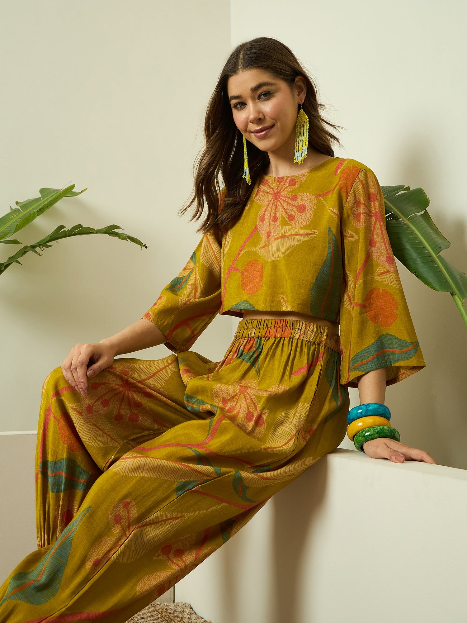 Lemon Yellow Leaf Top Balloon Pant Set