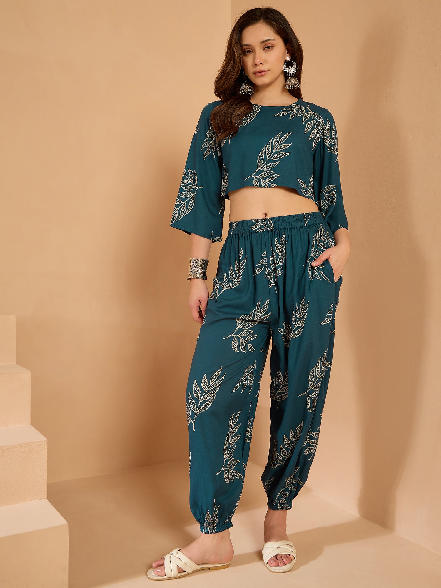 Dark Teal Leaf Top Balloon Pant Set