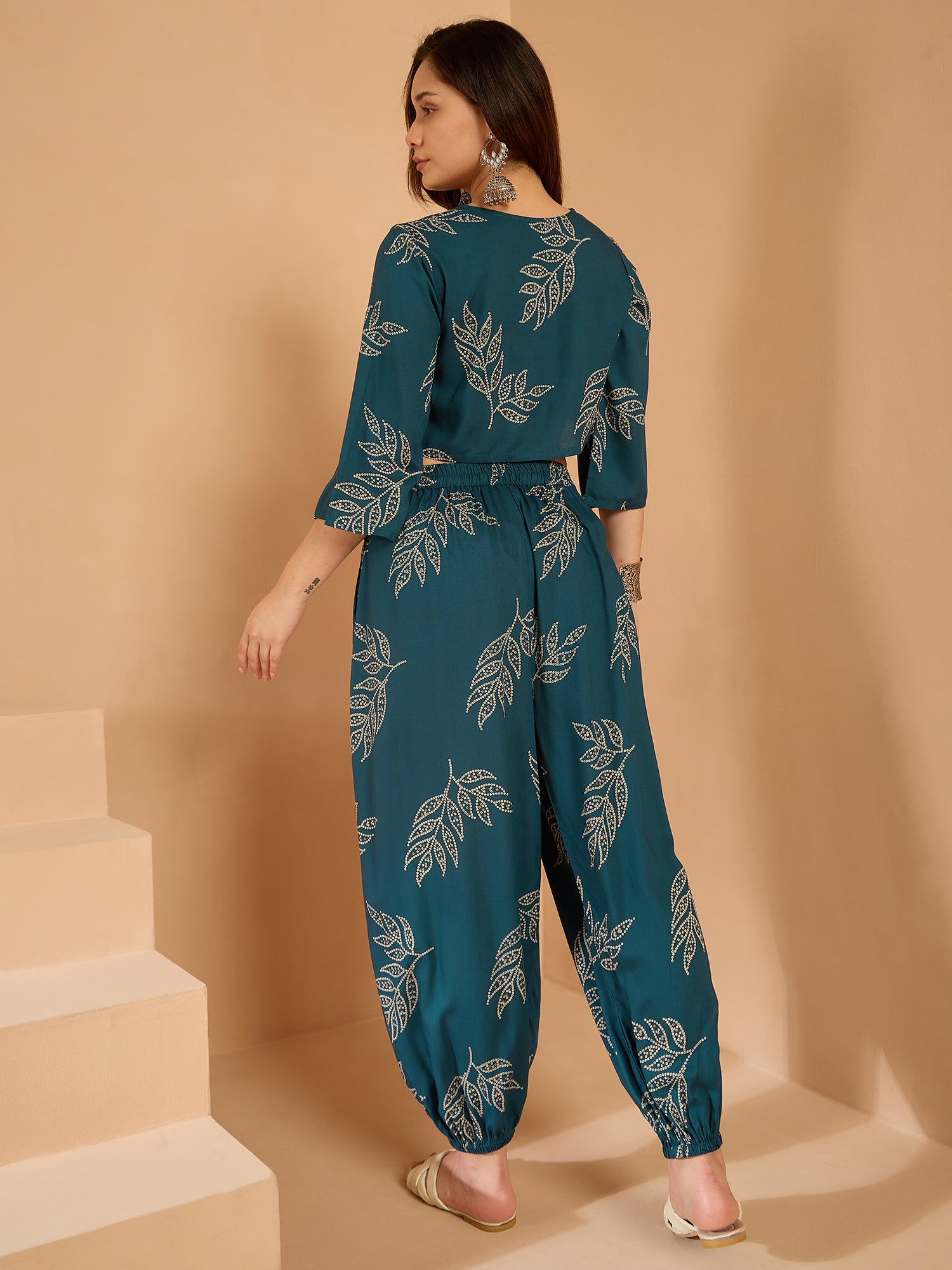 Dark Teal Leaf Top Balloon Pant Set