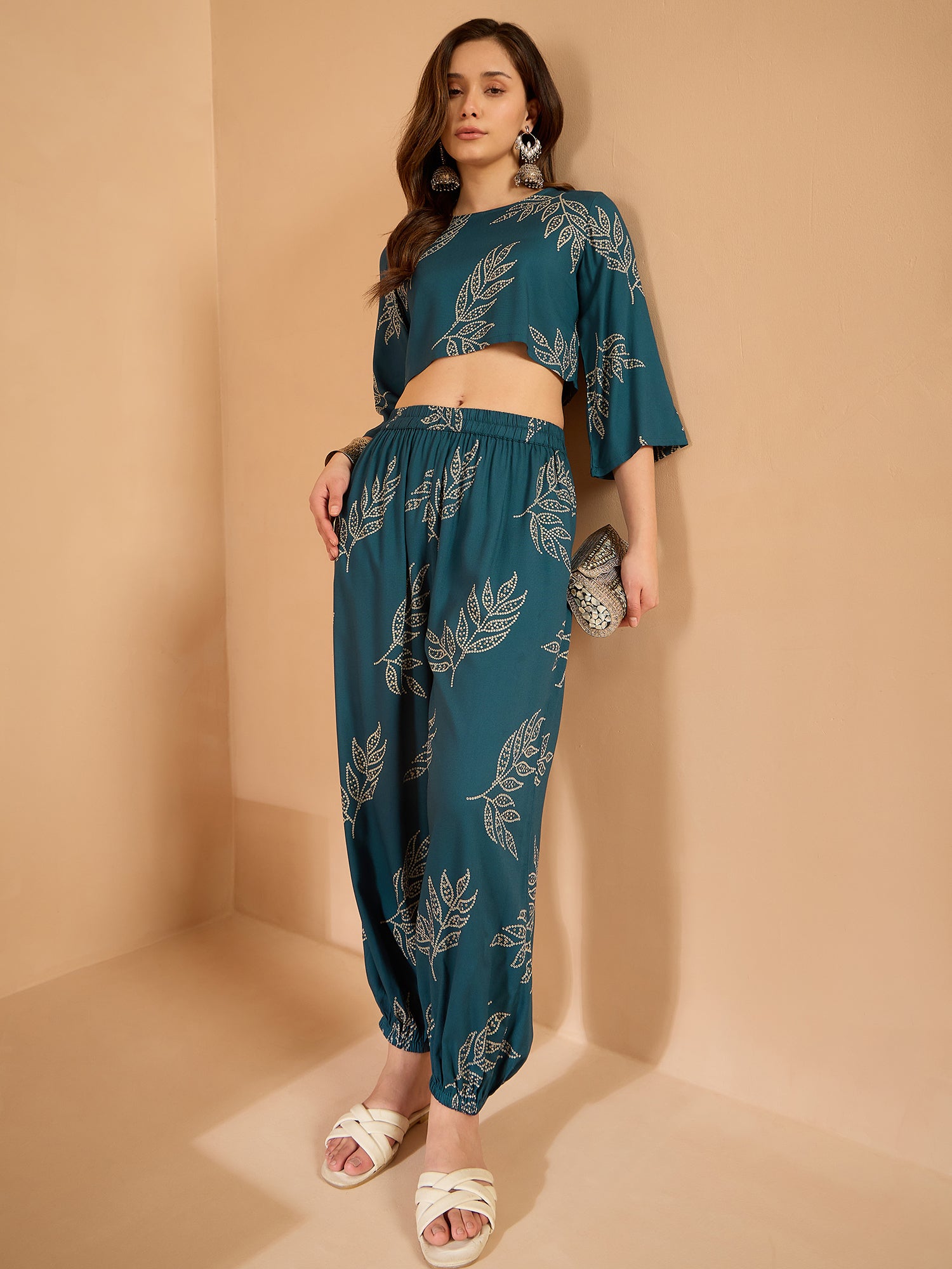 Dark Teal Leaf Top Balloon Pant Set