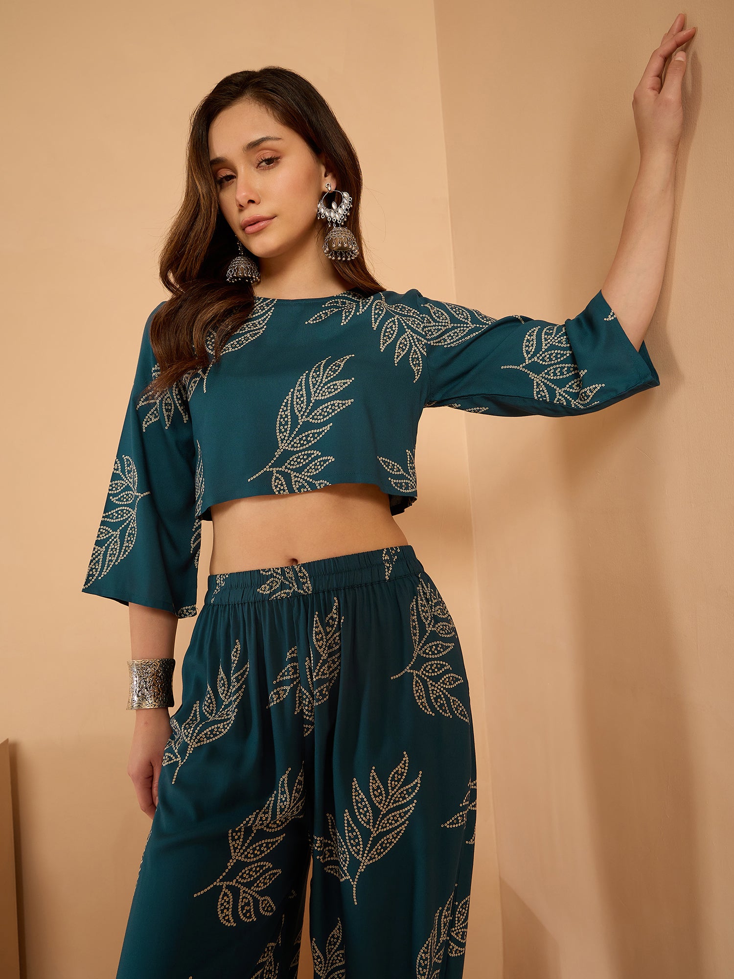 Dark Teal Leaf Top Balloon Pant Set
