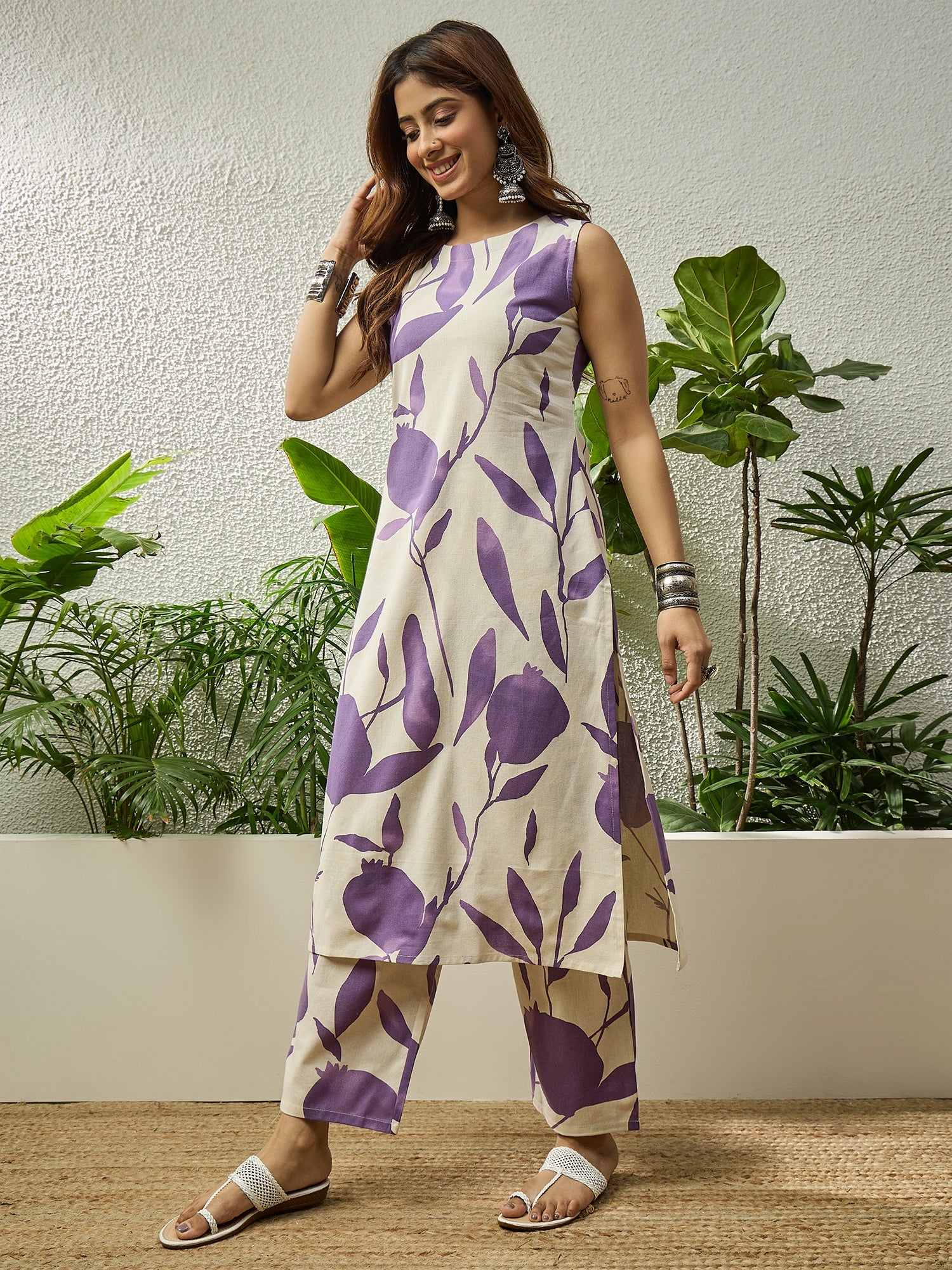 Purple Beige Fruit Kurta Pant Set