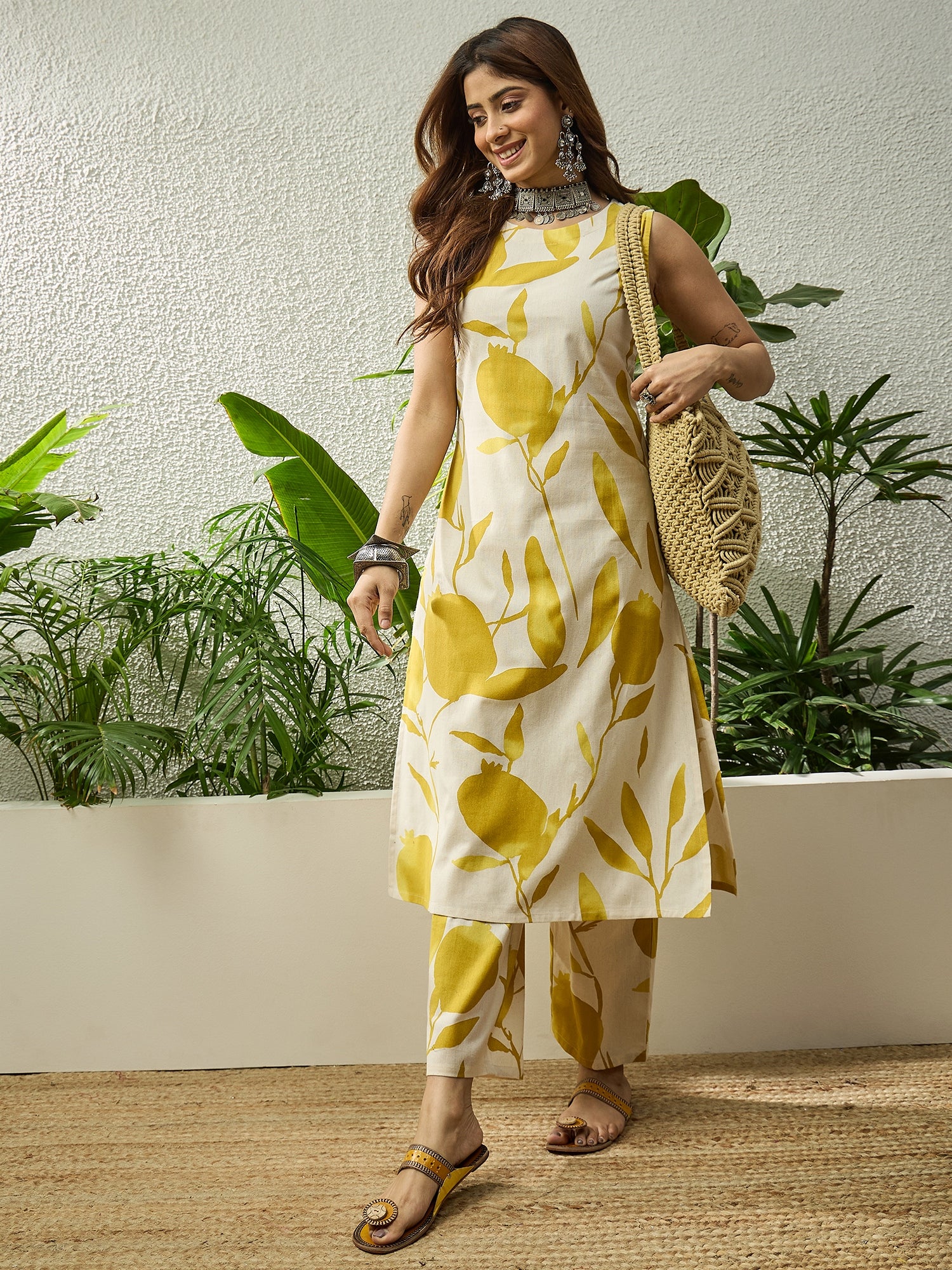 Mustard Beige Fruit Kurta Pant Set