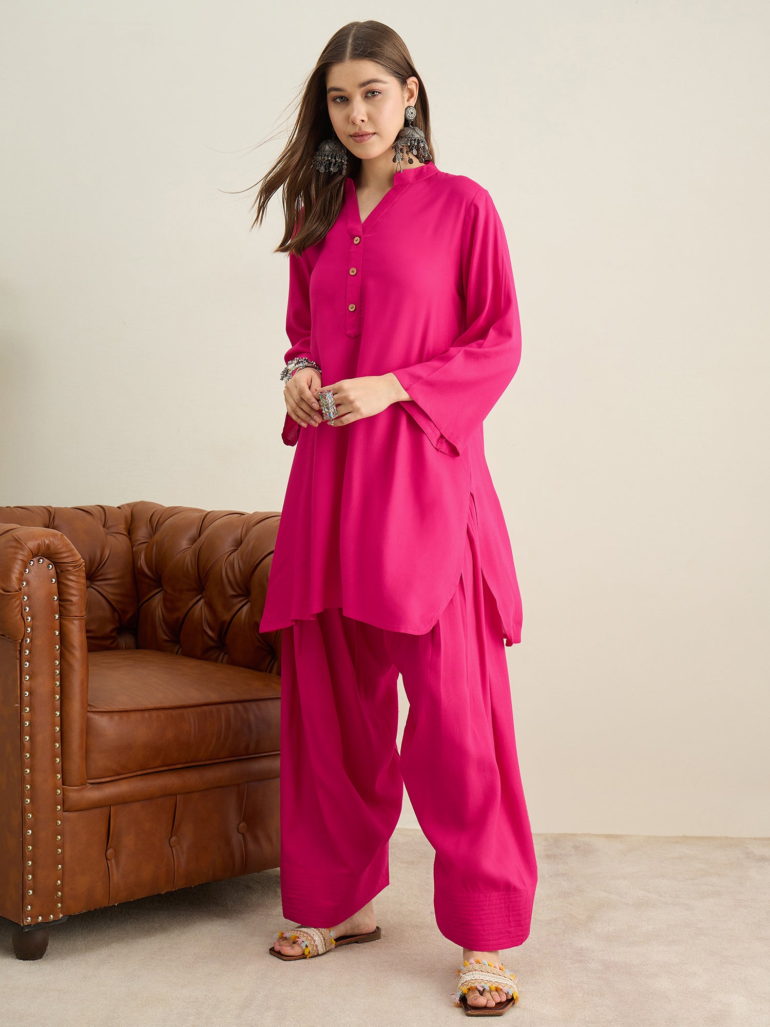 Fuchsia Solid Farshi Salwar Set