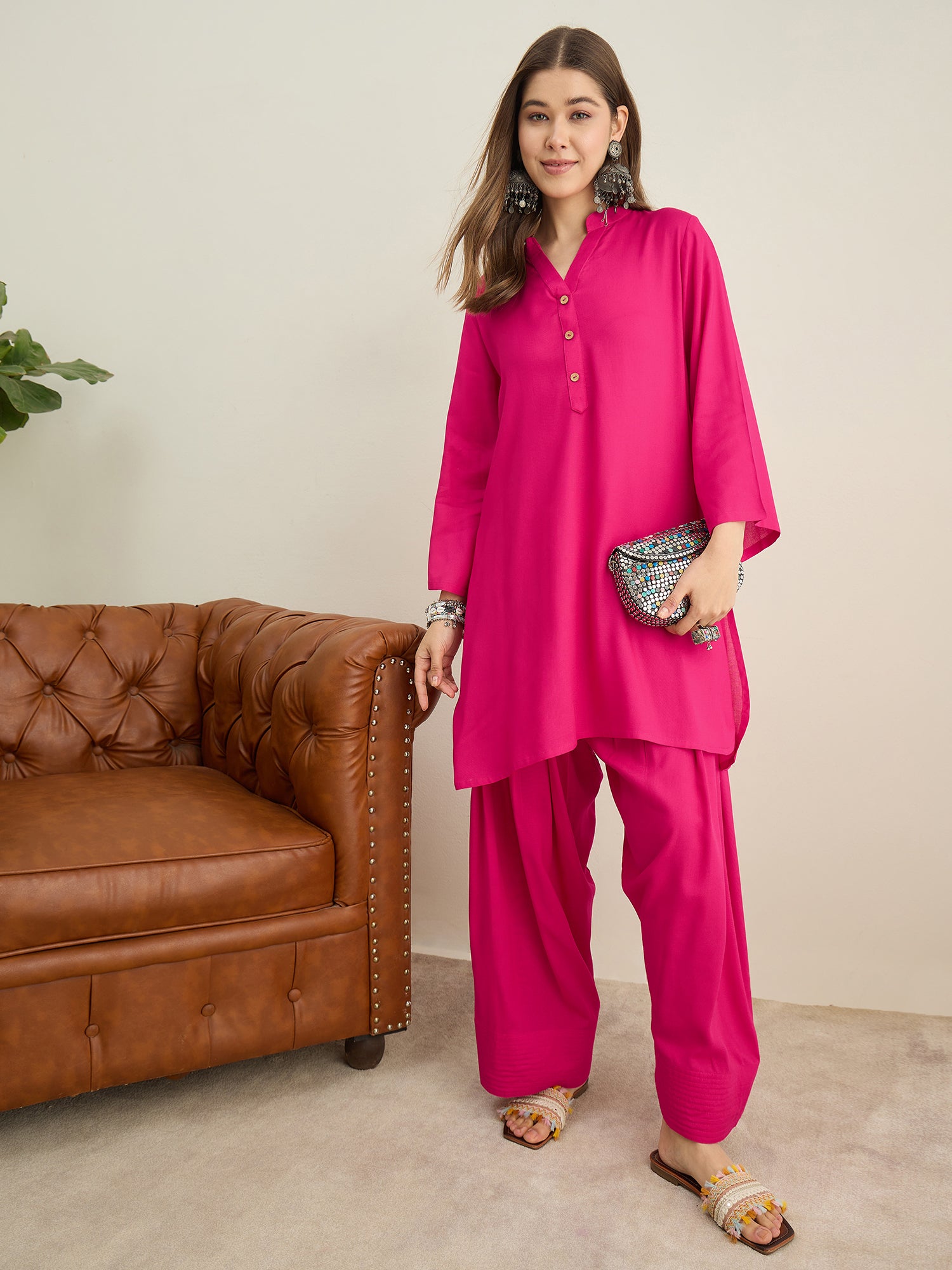 Fuchsia Solid Farshi Salwar Set