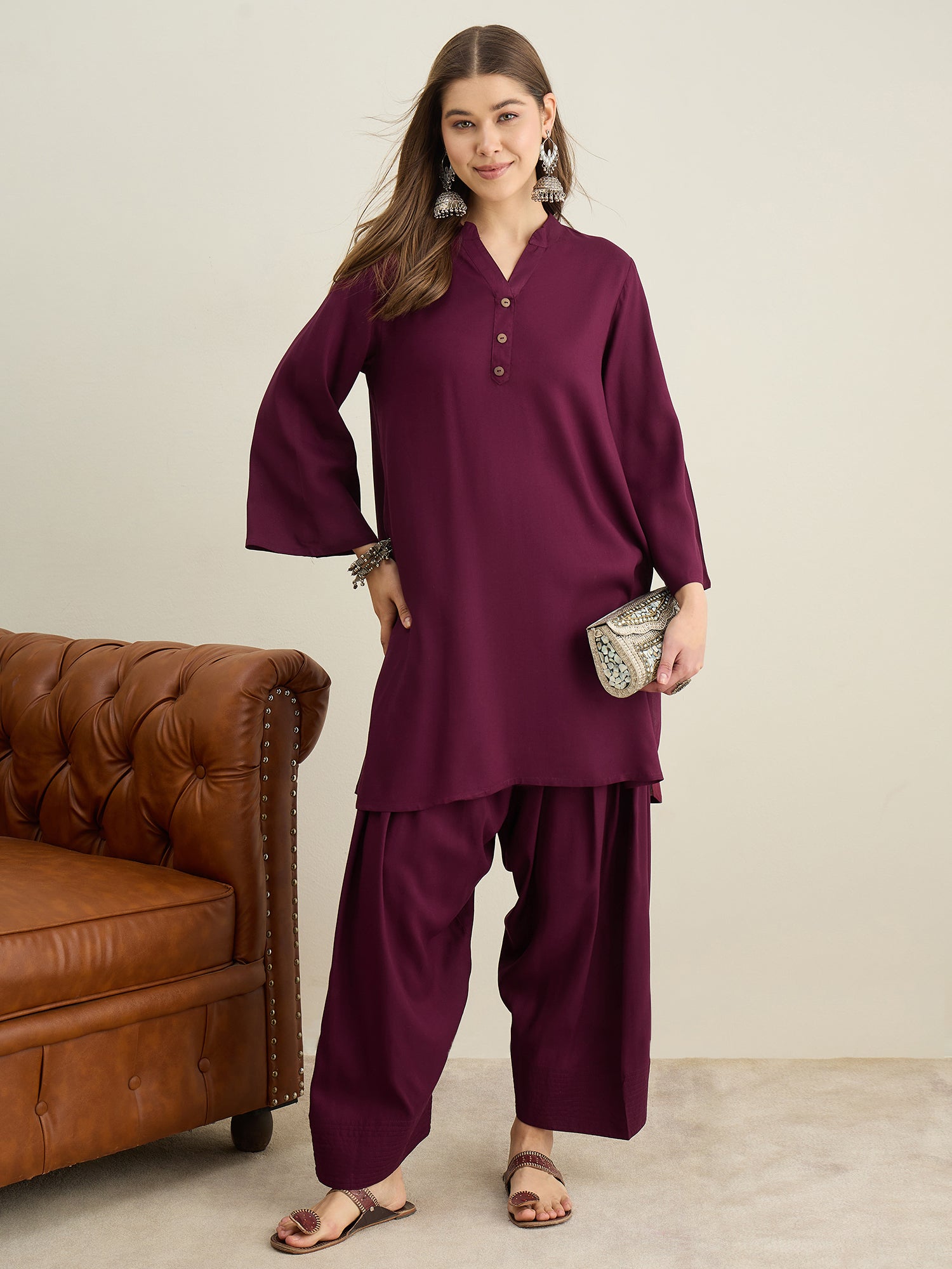 Wine Solid Farshi Salwar Set