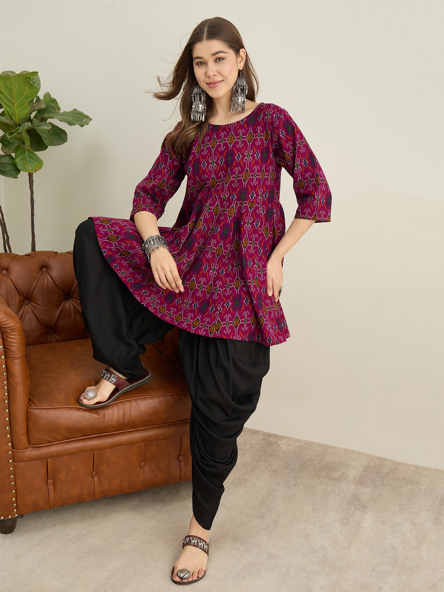 Wine Patola Ikat Kurta Tulip Pant Set