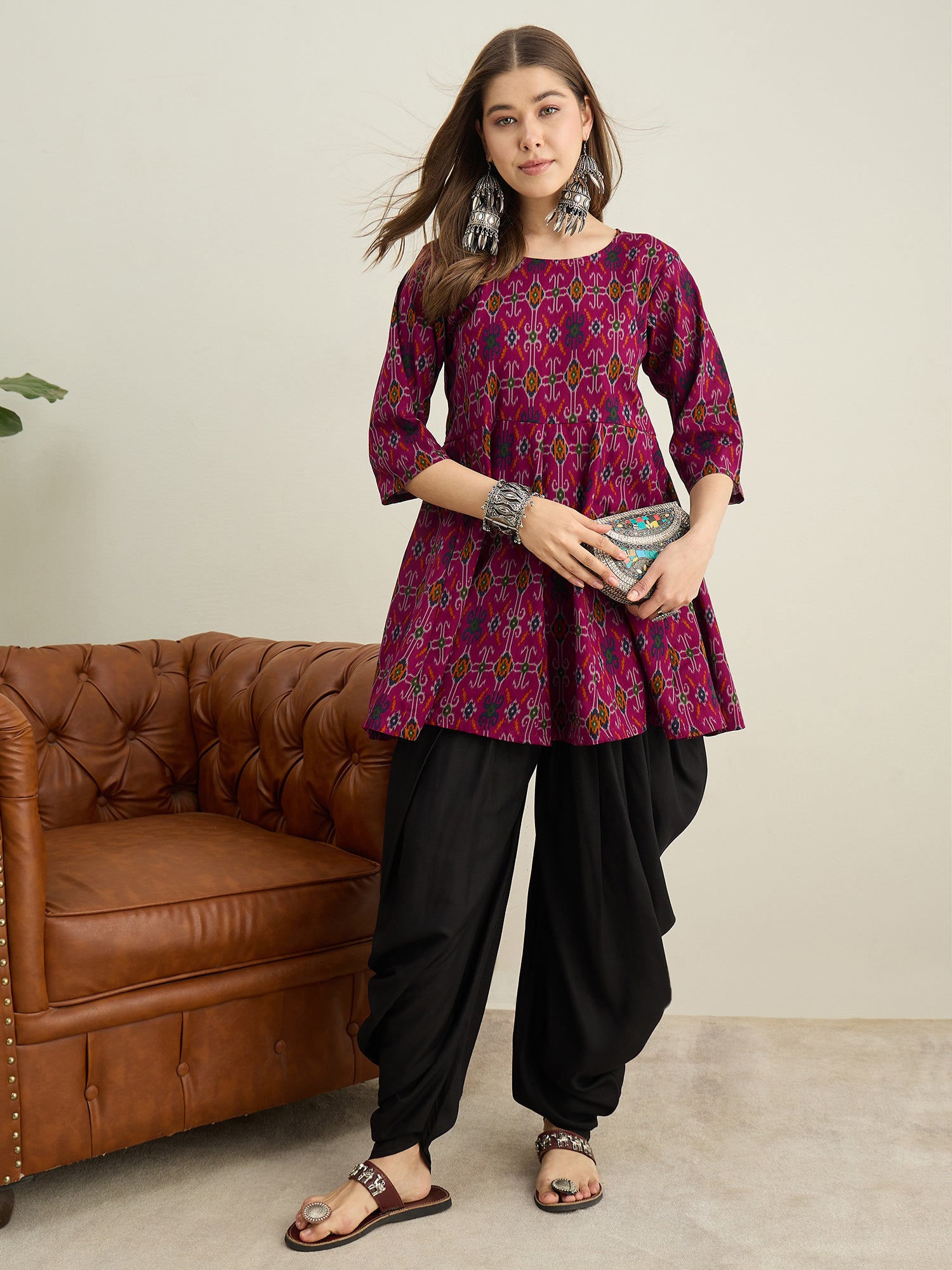 Wine Patola Ikat Kurta Tulip Pant Set