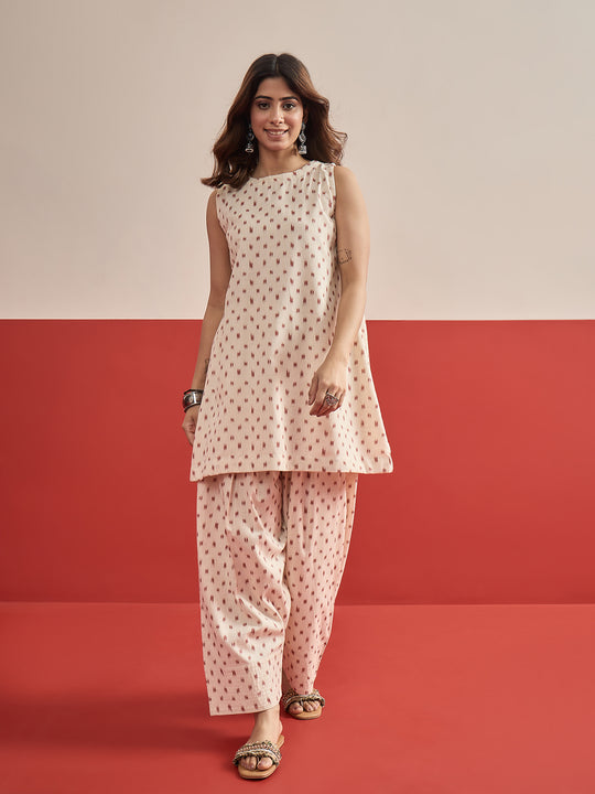Rust Ikat Cream Kurta Salwar Set