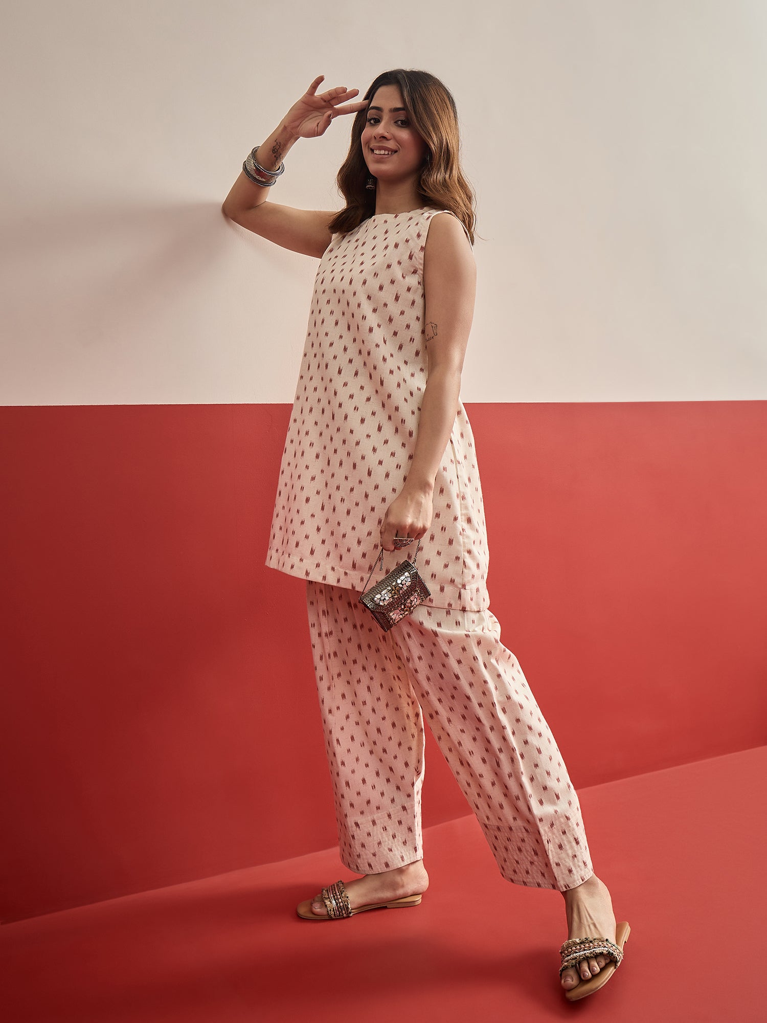 Rust Ikat Cream Kurta Salwar Set