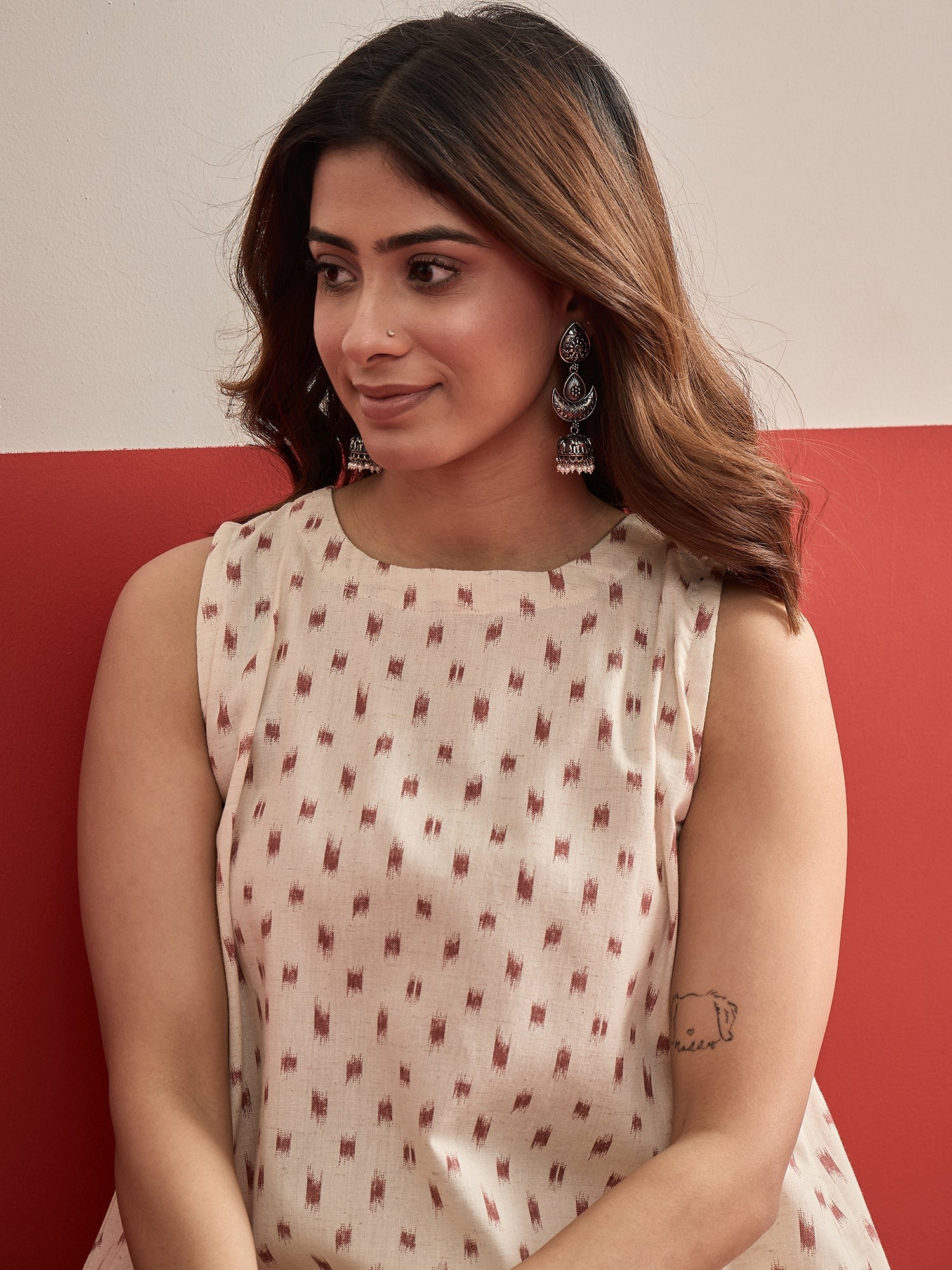 Rust Ikat Cream Kurta Salwar Set