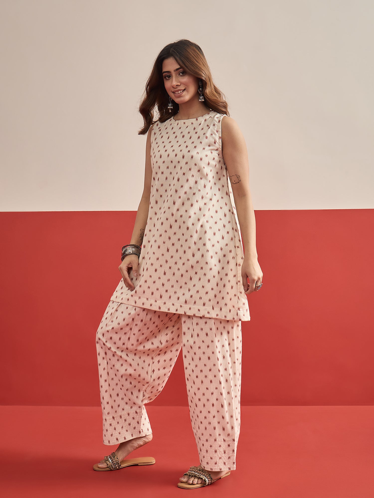 Rust Ikat Cream Kurta Salwar Set
