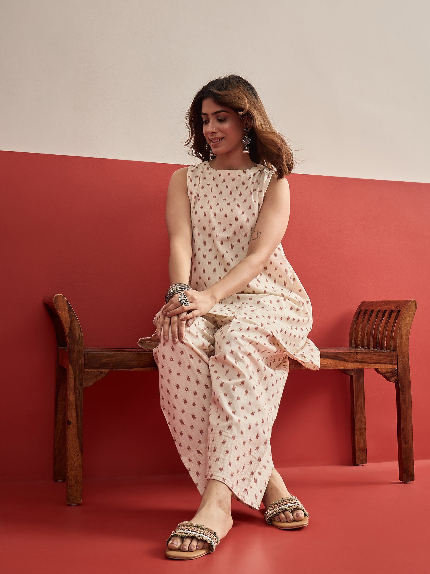 Rust Ikat Cream Kurta Salwar Set