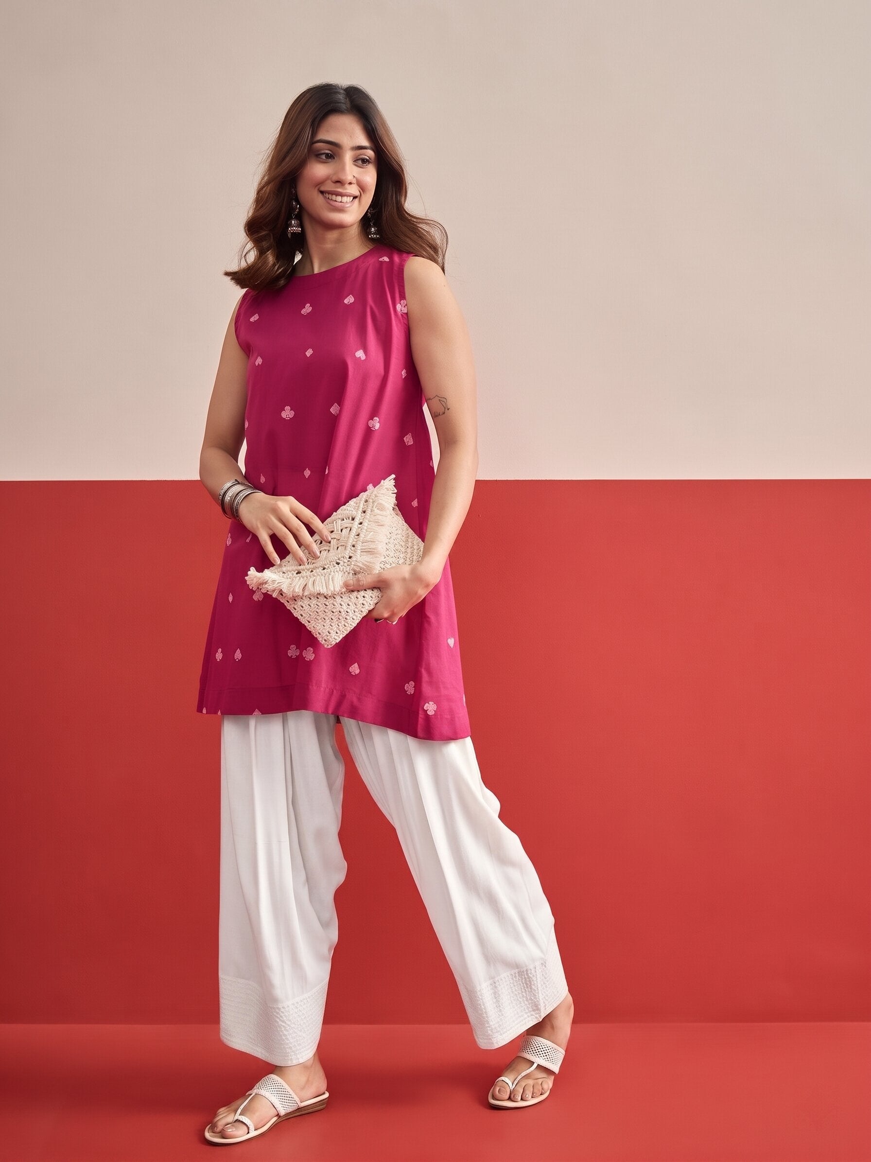 Fuchsia Cards Print Kurta Salwar Set