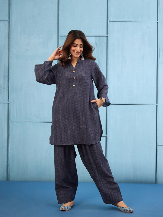 Navy Blue Khadi Linen Salwar Set