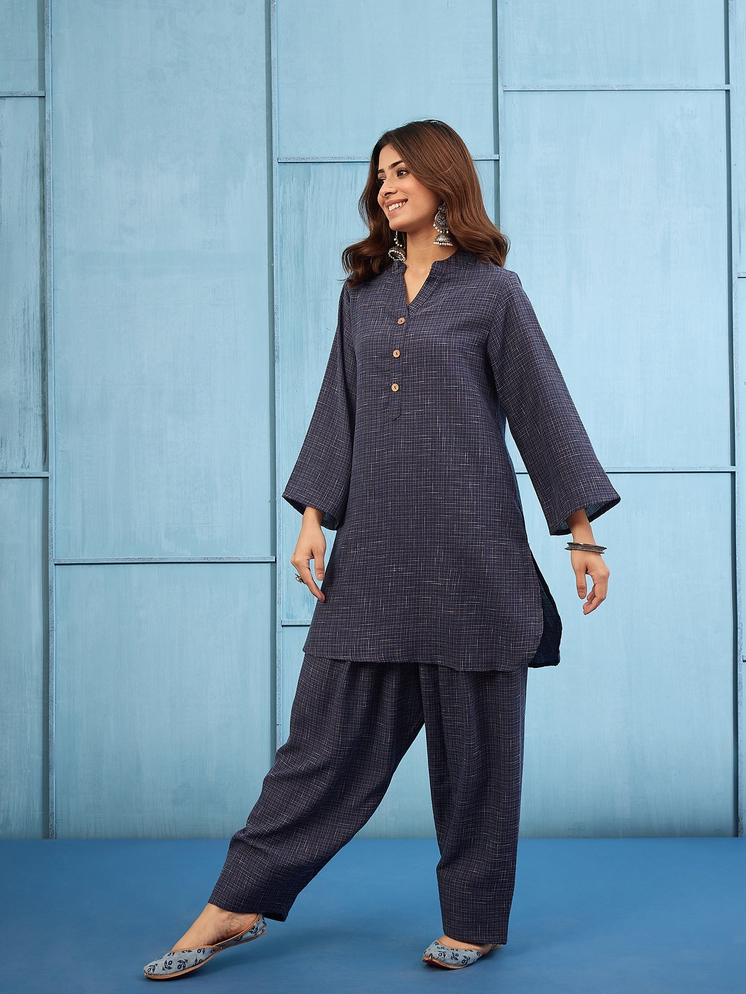 Navy Blue Khadi Linen Salwar Set