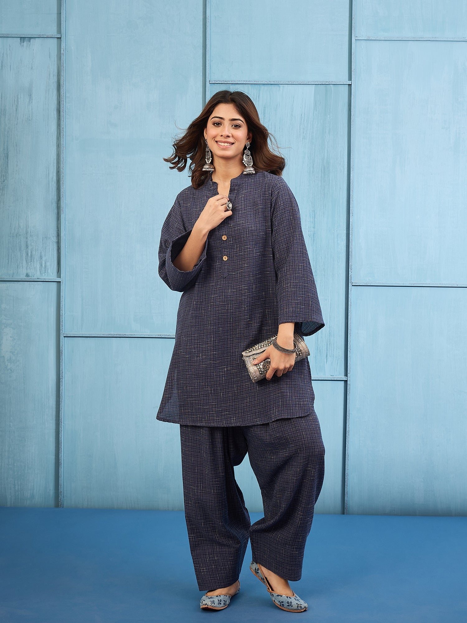 Navy Blue Khadi Linen Salwar Set