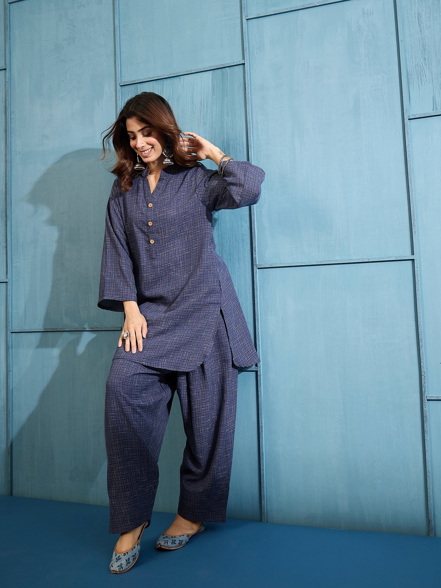 Navy Blue Khadi Linen Salwar Set