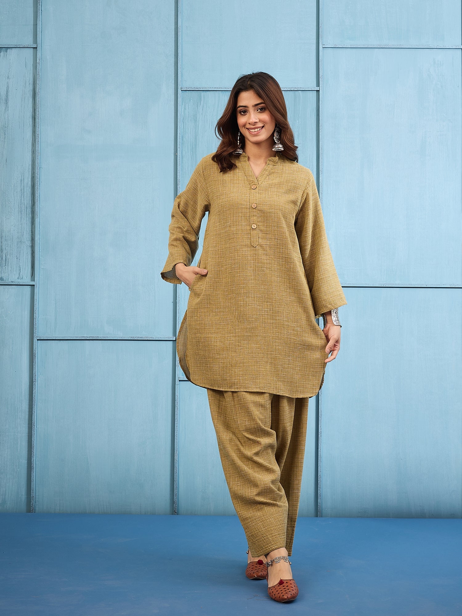 Olive Khadi Linen Salwar Set